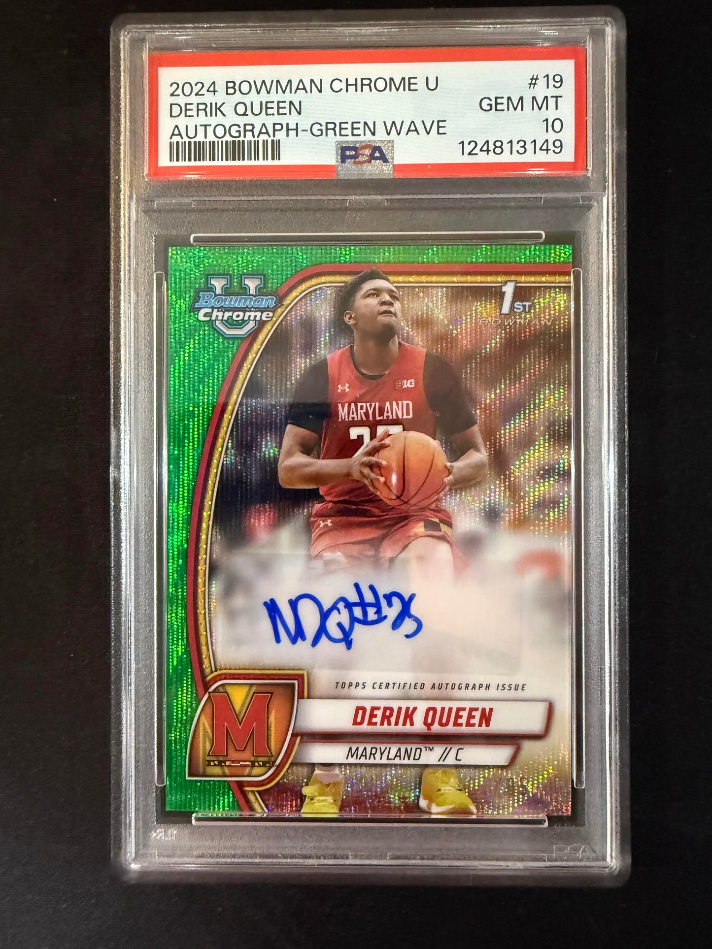 #19 Derik Queen 2024-25 Bowman University Chrome Autographs Green Wave Refractor