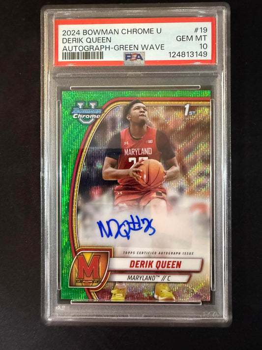 #19 Derik Queen 2024-25 Bowman University Chrome Autographs Green Wave Refractor