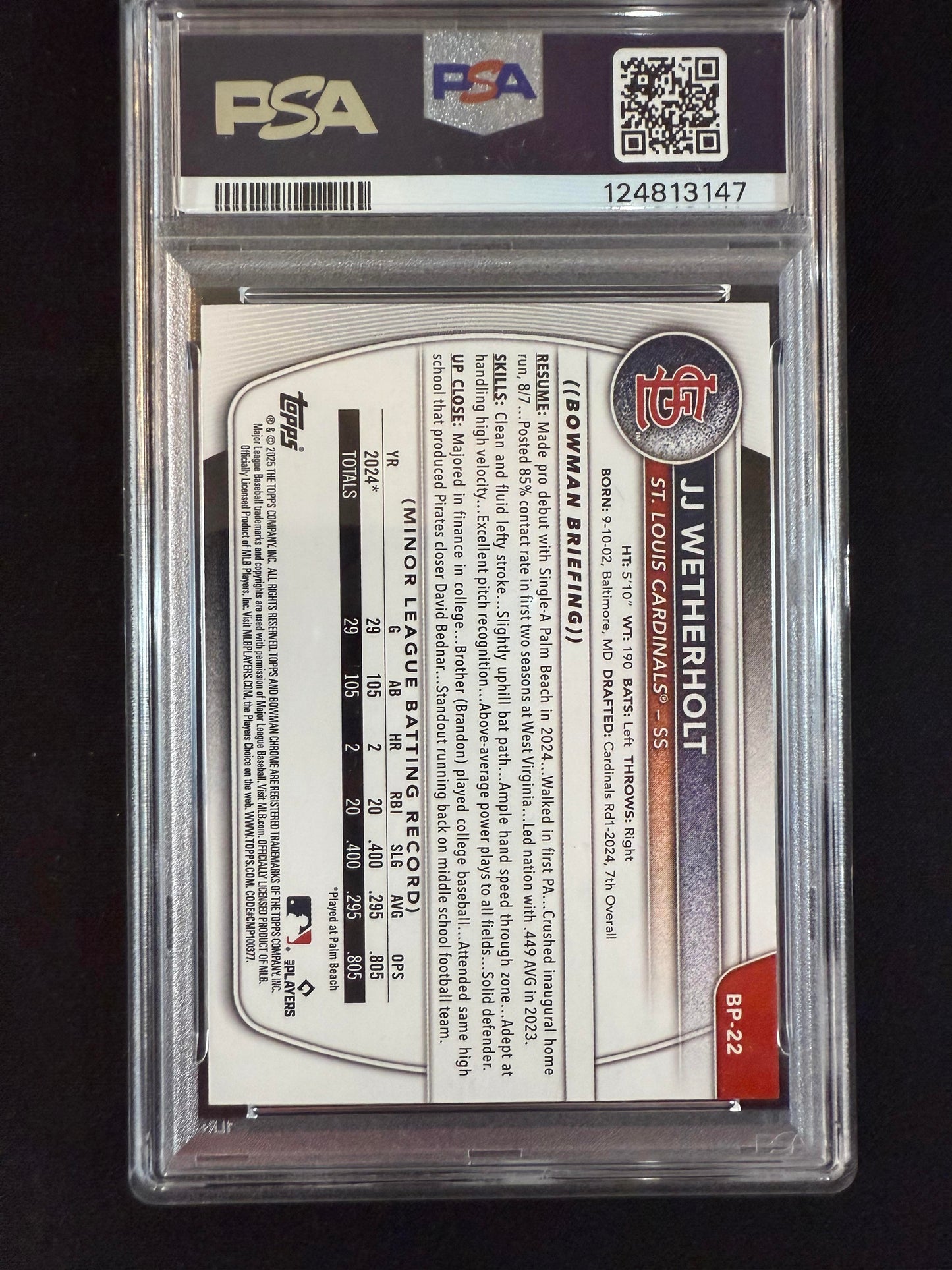 #BP-22 JJ Wetherholt 2025 Bowman SN #/125 Cardinals Prospects Blue Pattern