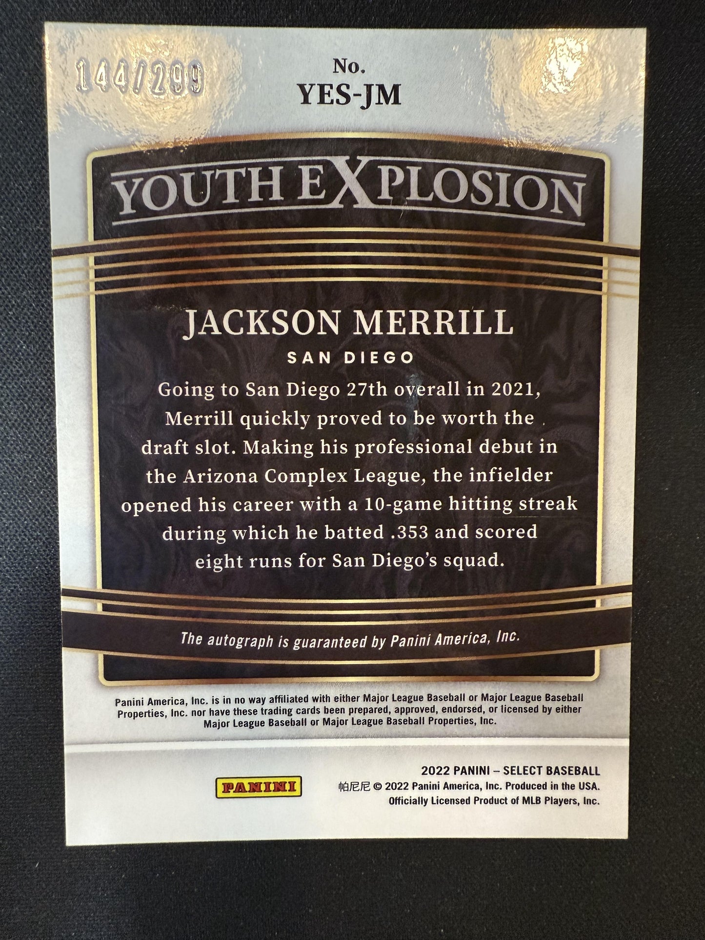 #YES-JM Jackson Merrill 2022 Panini Select Auto /299 Padres Youth Explosion