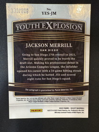 #YES-JM Jackson Merrill 2022 Panini Select Auto /299 Padres Youth Explosion