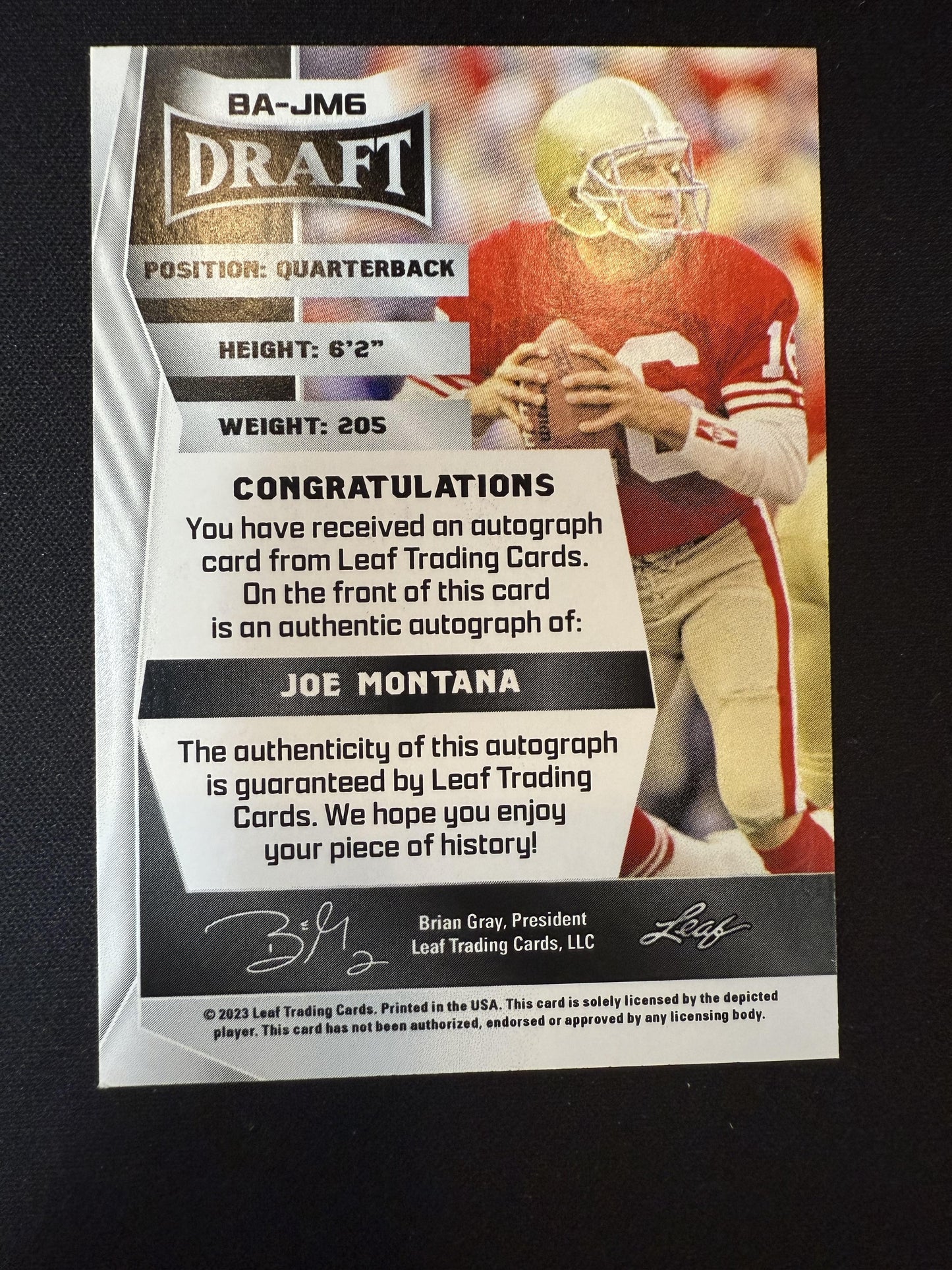 #BA-JM6 Joe Montana 2023 Leaf Draft AU Auto San Francisco 49ers Autographs Red