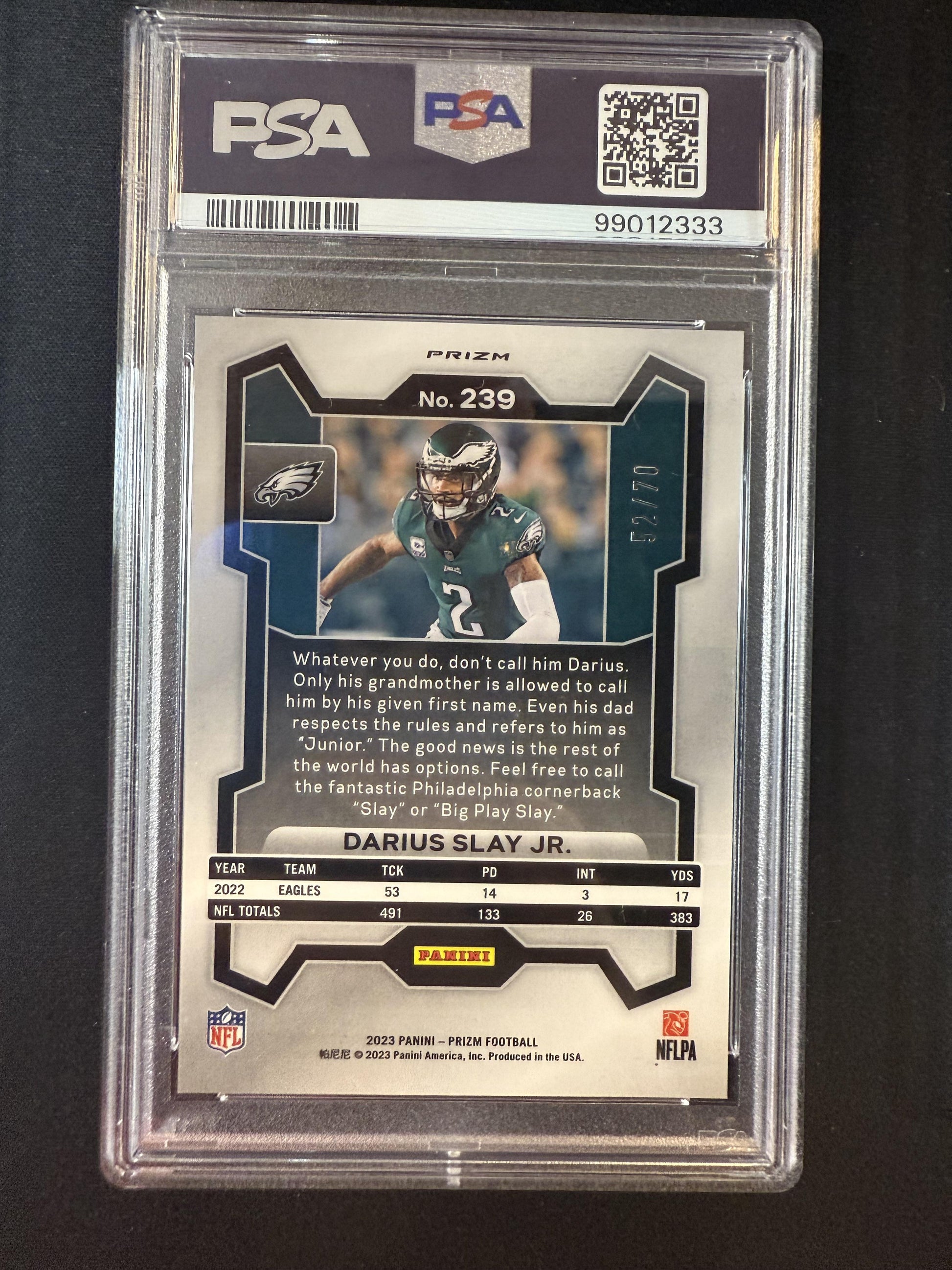 #239 Darius Slay Jr. 2023 Panini Prizm SN #/70 Philadelphia Eagles No Huddle Red
