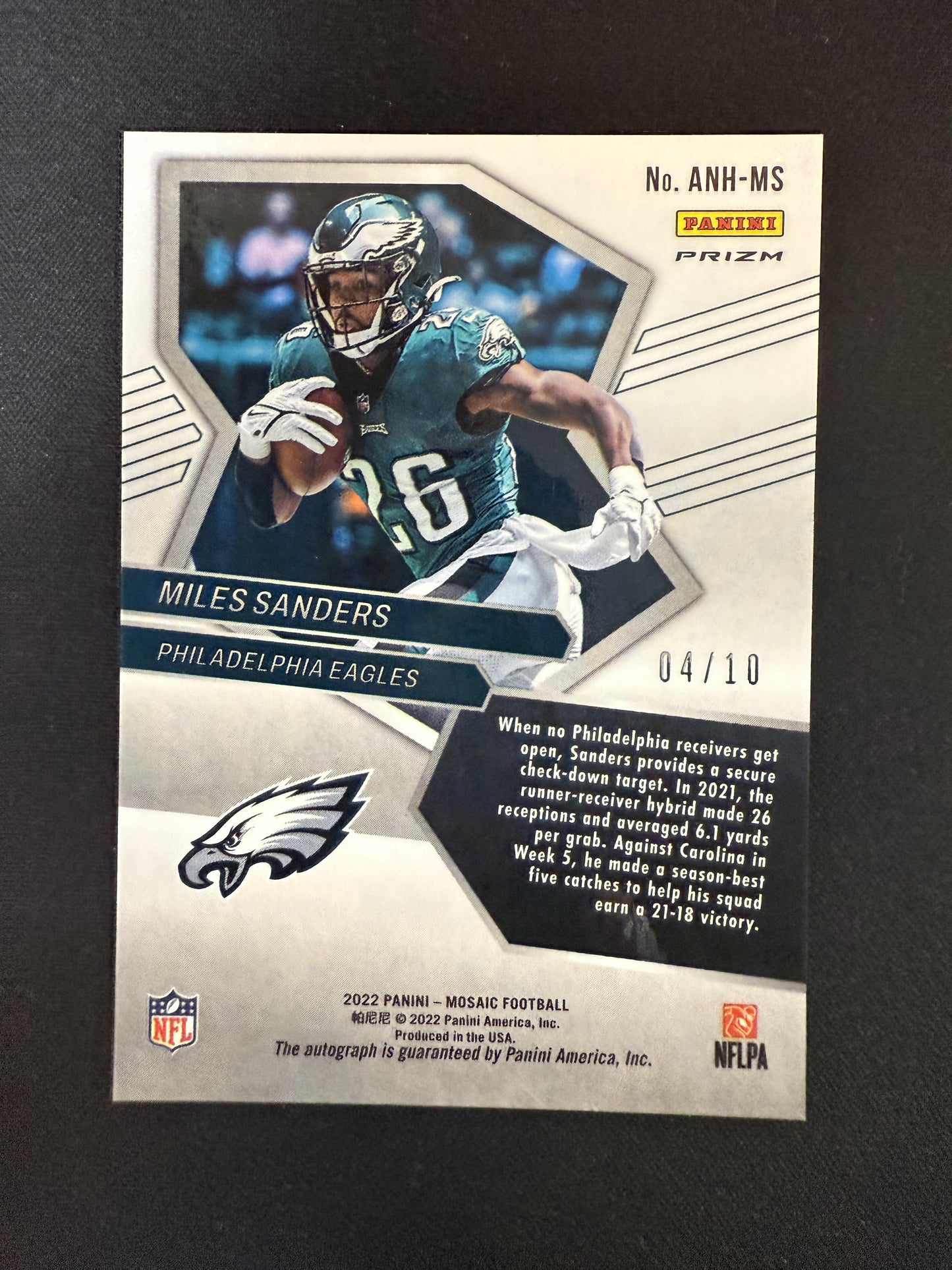 #ANH-MS Miles Sanders 2022 Panini Mosaic SN,AU Auto #/10 Eagles No Huddle Gold