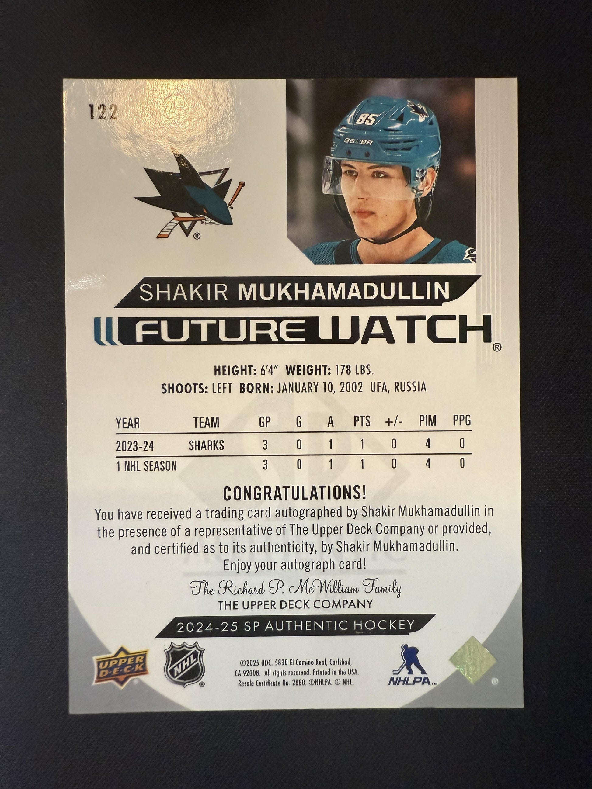 #122 Shakir Mukhamadullin 2024-25 SP Authentic Auto /999 San Jose Sharks