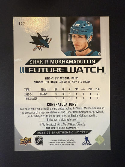 #122 Shakir Mukhamadullin 2024-25 SP Authentic Auto /999 San Jose Sharks