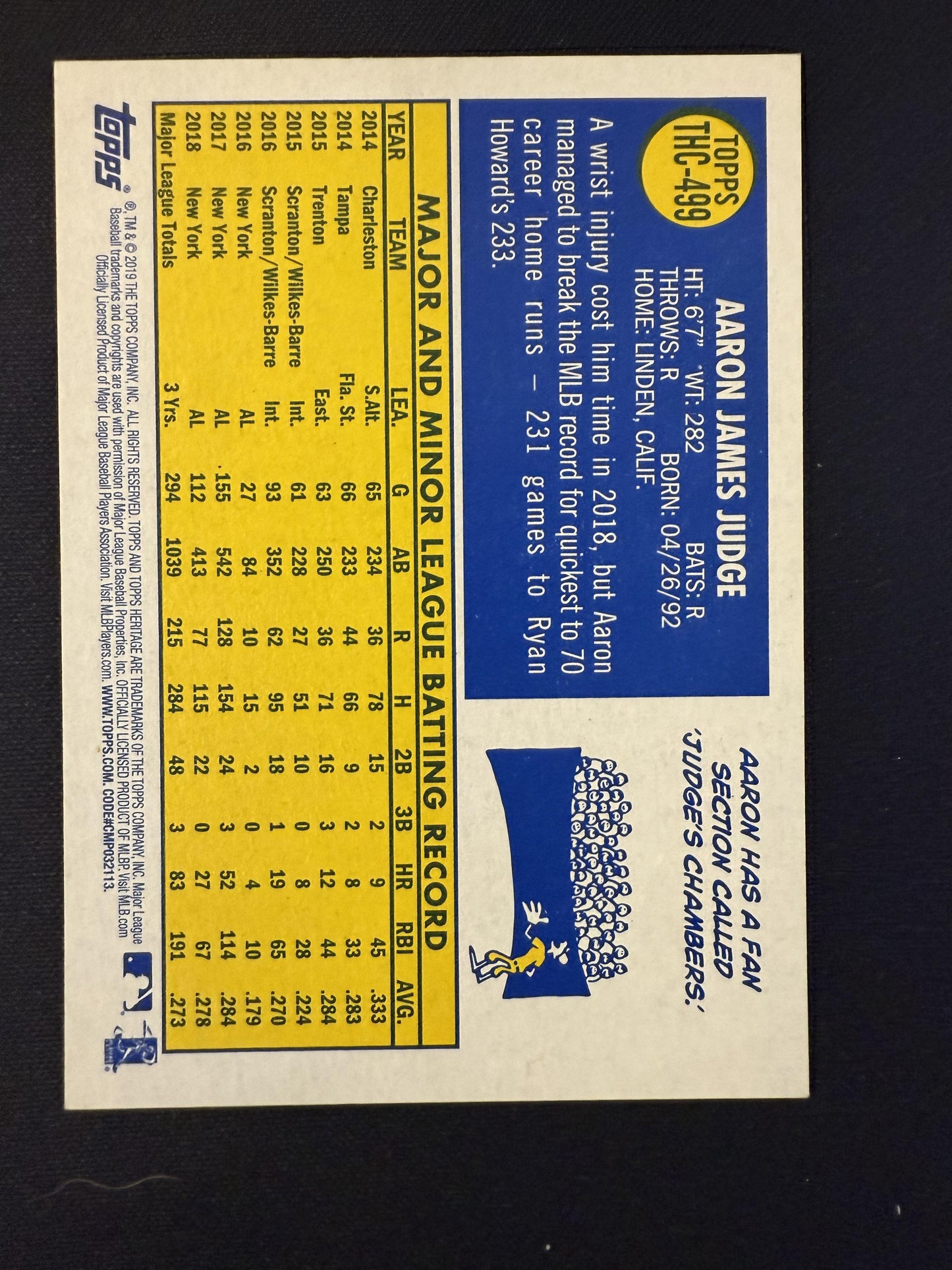 #THC-499 Aaron Judge 2019 Topps Heritage Yankees Chrome Purple Refractor