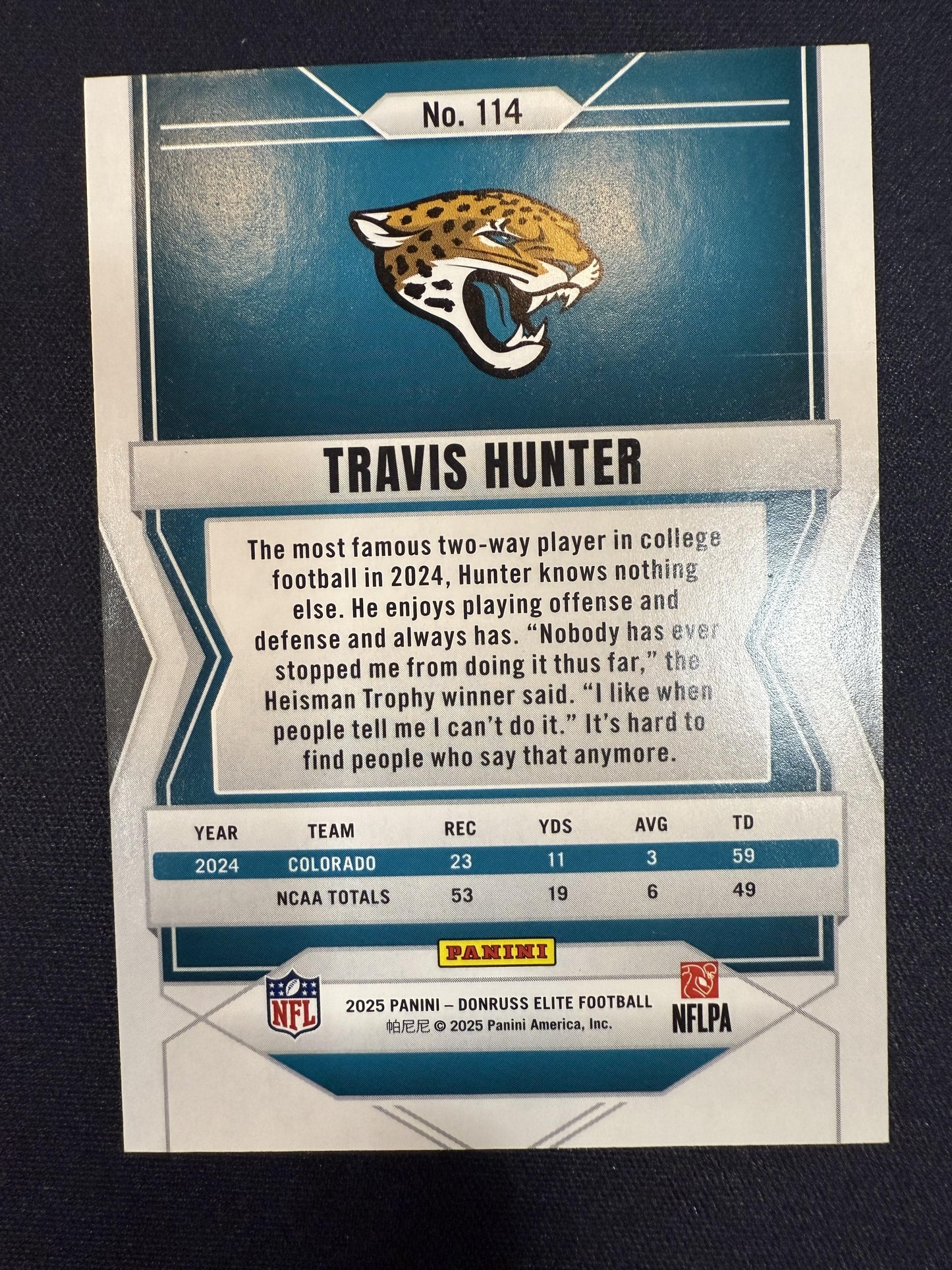 #114 Travis Hunter 2025 Donruss Elite /999 Jaguars Aspirations Shimmer