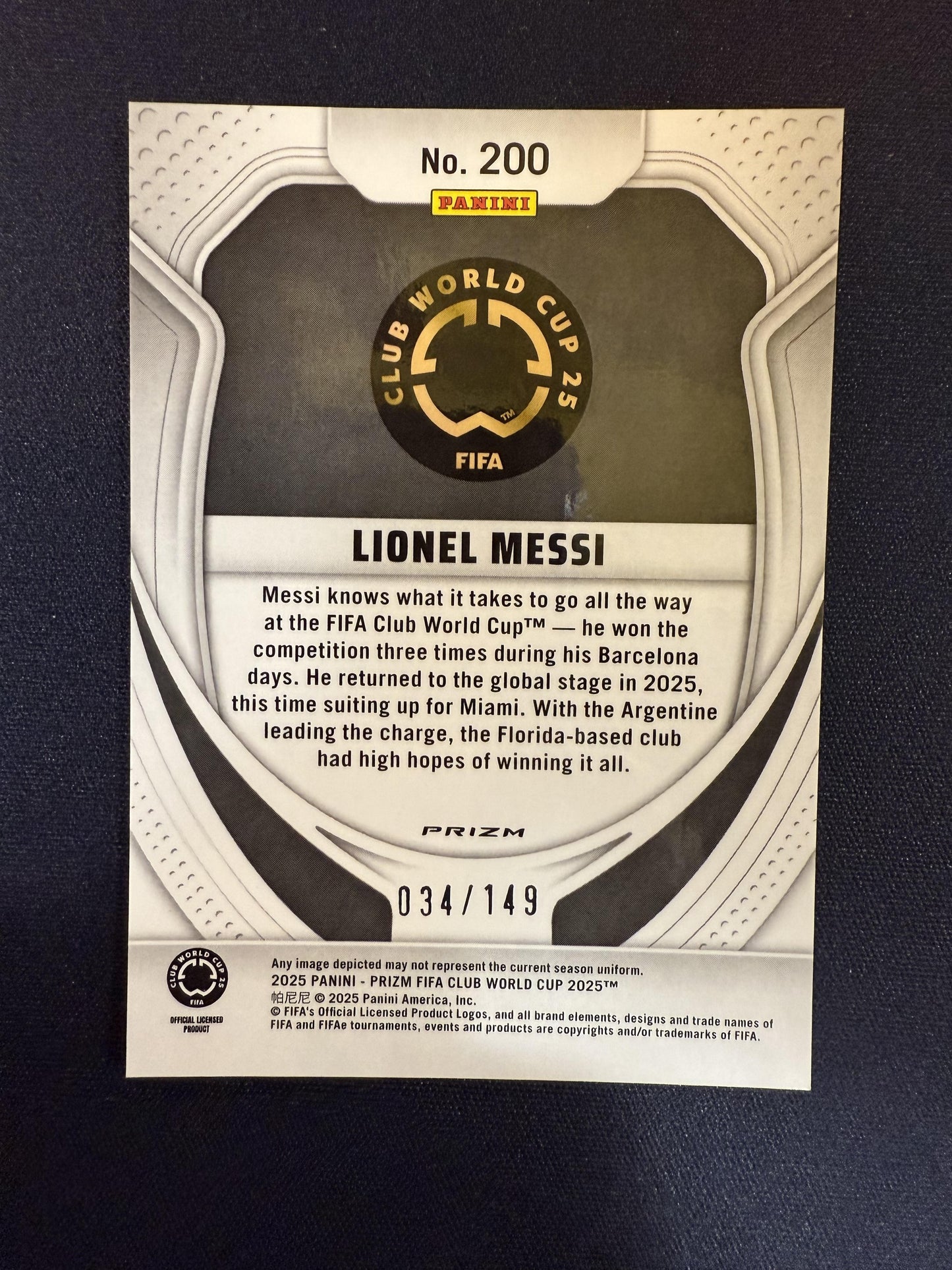 #200 Lionel Messi 2025 Panini Prizm FIFA Club /149 Inter Miami CF Blue Glitter