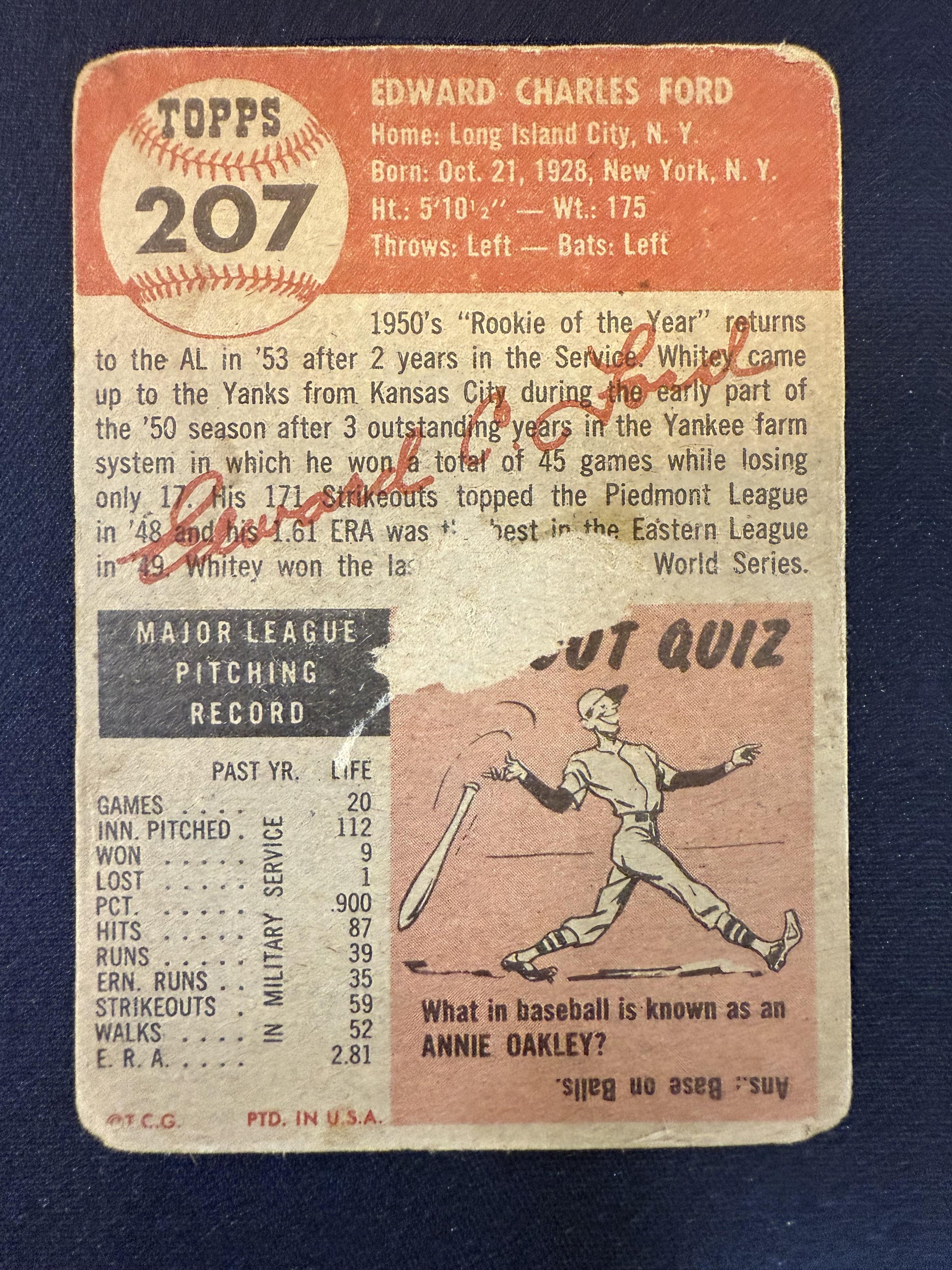 #207 Whitey Ford 1953 Topps New York Yankees sports