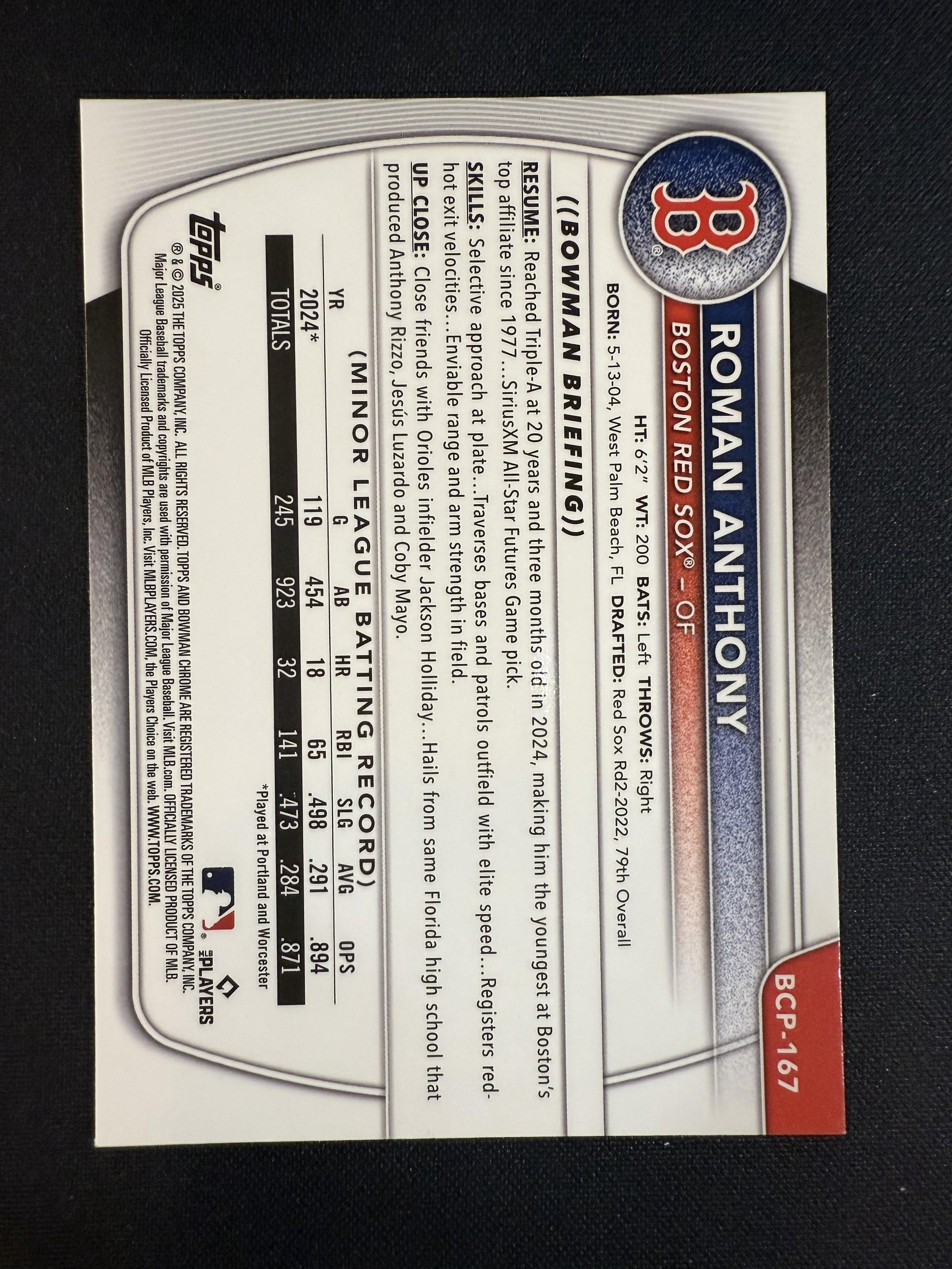 #BCP-167 Roman Anthony 2025 Bowman Chrome SN #/299 Red Sox Prospects Aqua Mojo