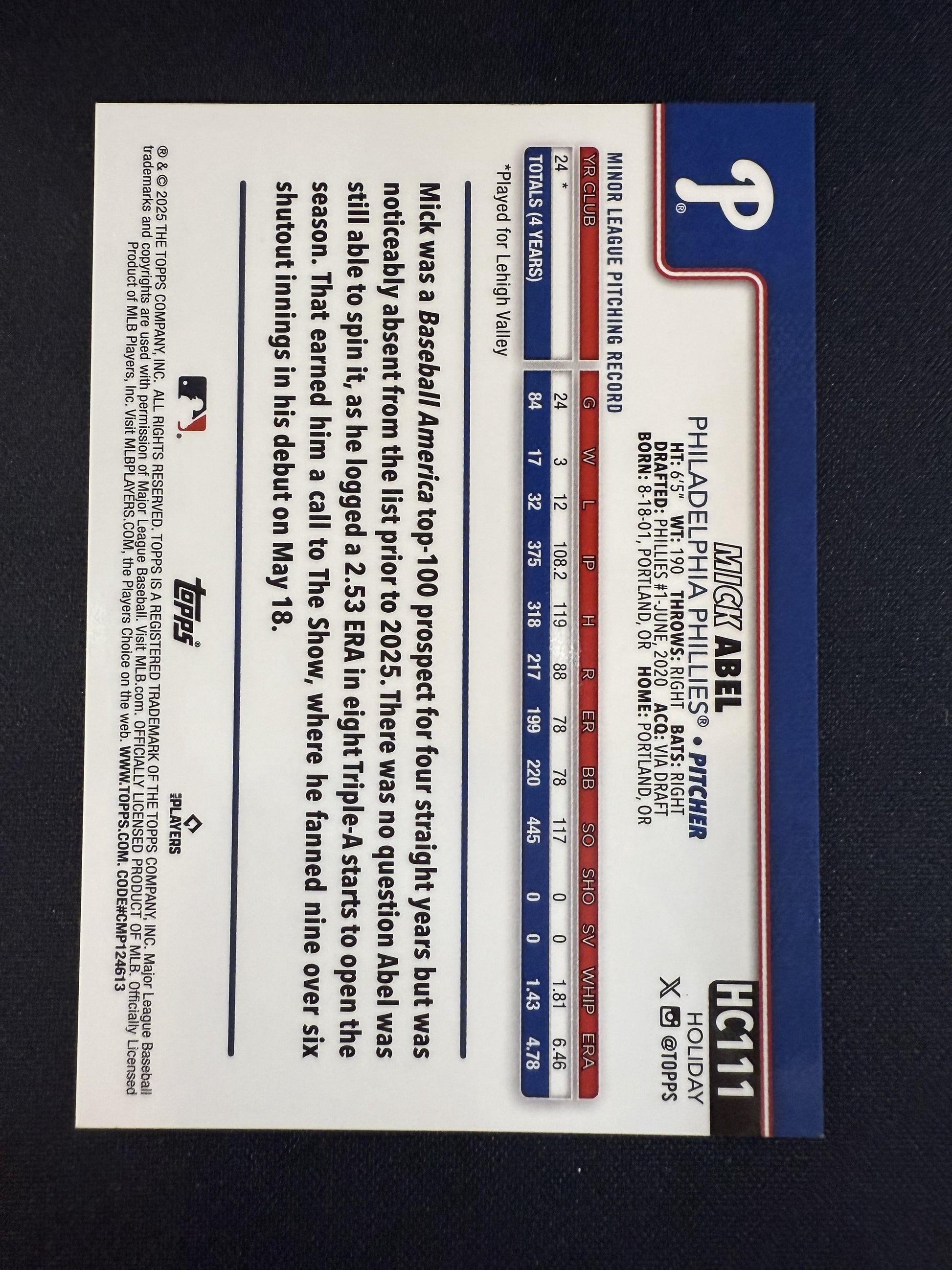 #HC111 Mick Abel 2025 Topps Holiday SN #/25 Phillies Chrome Orange Refractors