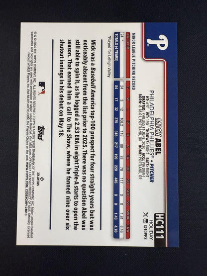 #HC111 Mick Abel 2025 Topps Holiday SN #/25 Phillies Chrome Orange Refractors