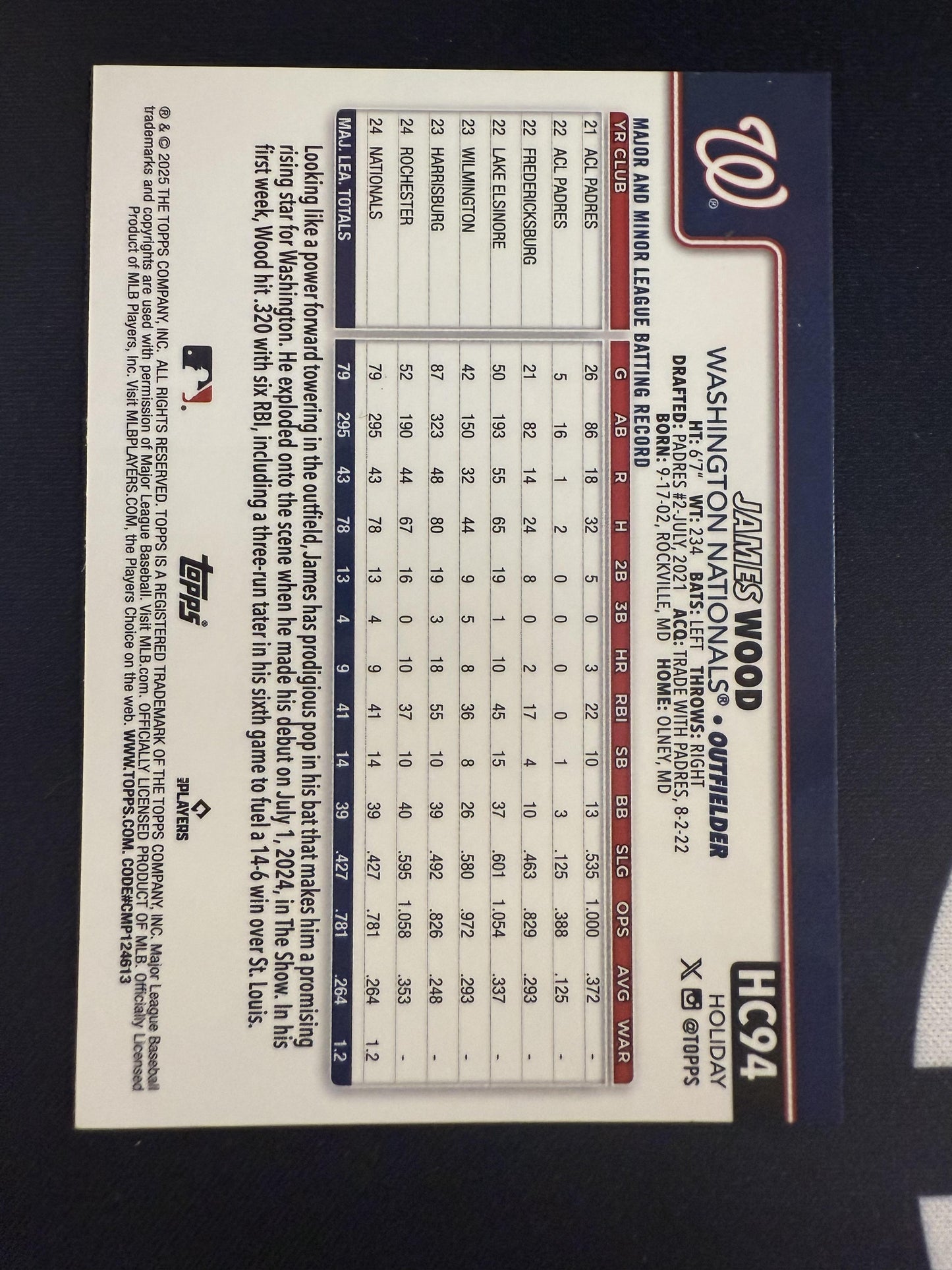 #HC94 James Wood 2025 Topps Holiday SN #/499 Washington Nationals sports Chrome