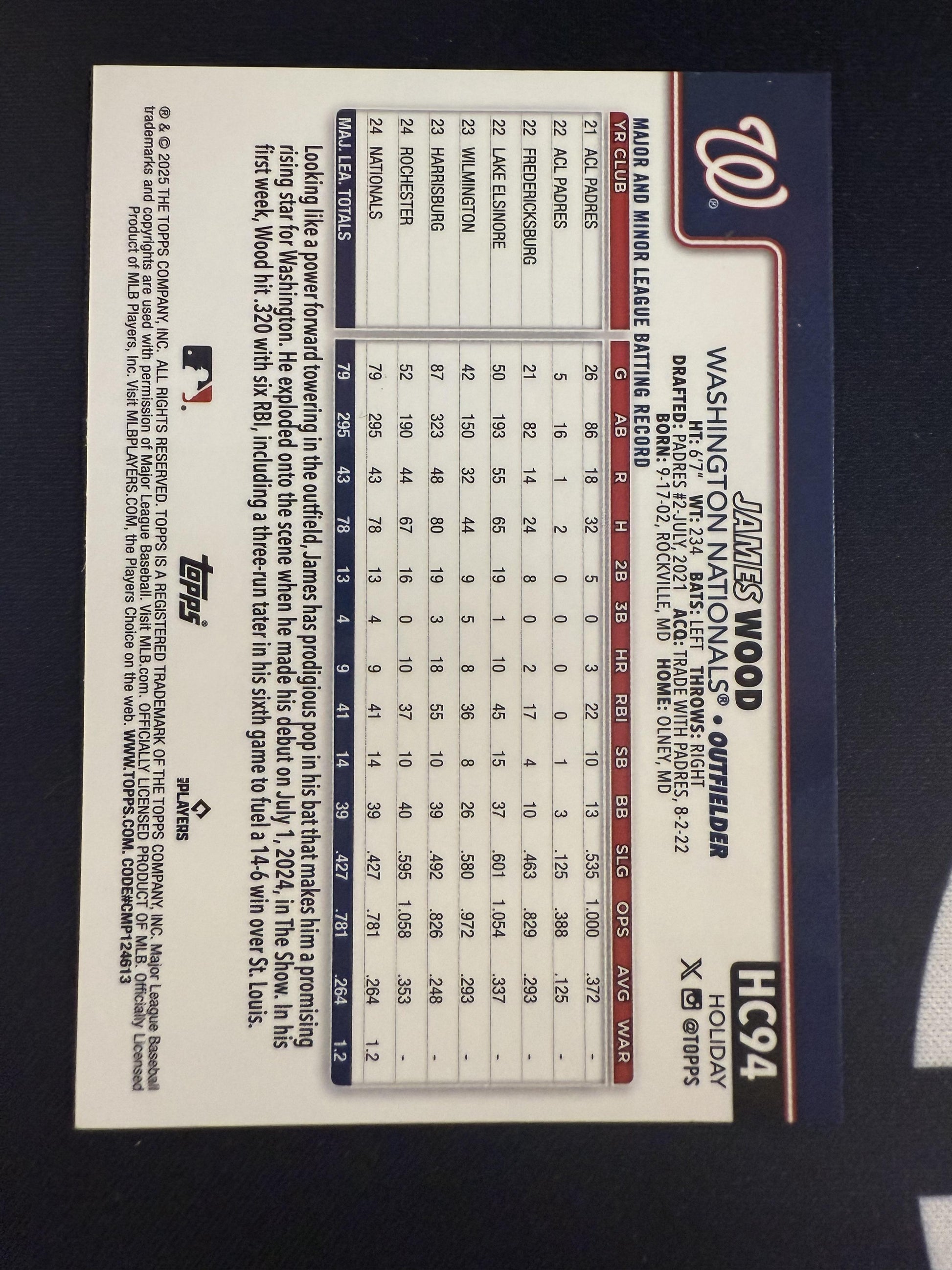 #HC94 James Wood 2025 Topps Holiday SN #/499 Washington Nationals sports Chrome