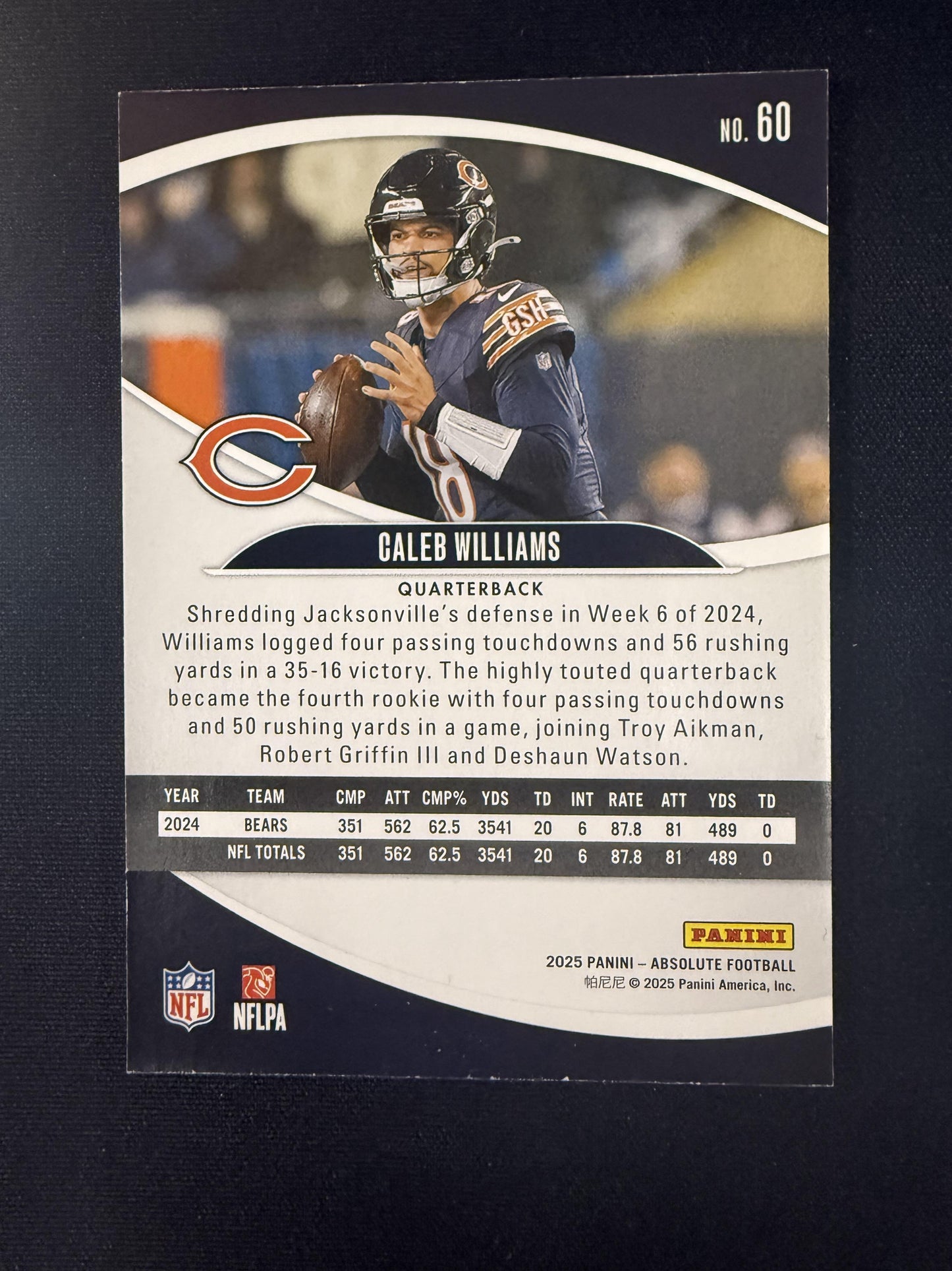 #60 CALEB WILLIAMS 2025 PANINI ABSOLUTE FOTL PURPLE /19 JERSEY MATCH