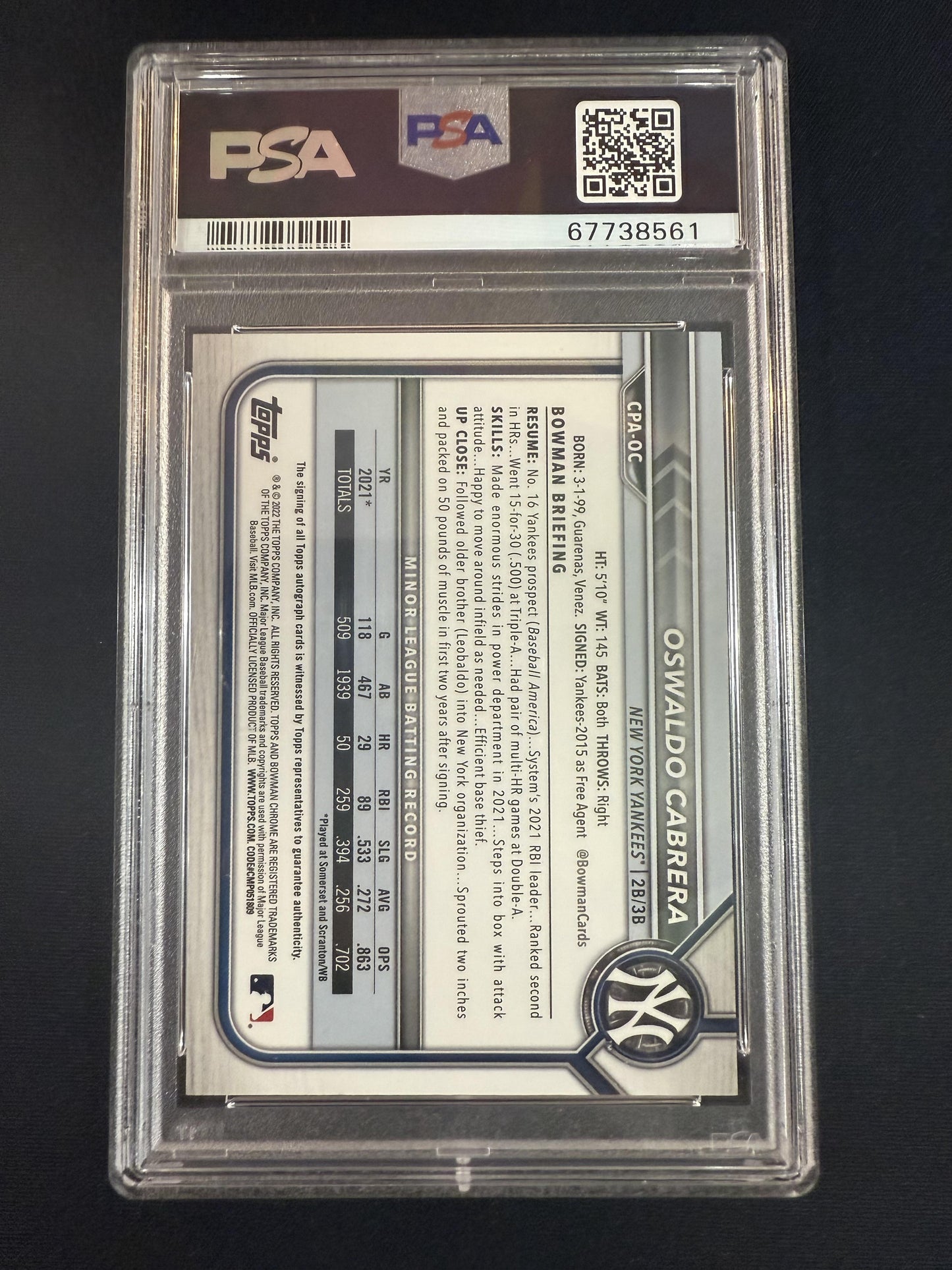 #CPA-OC Oswaldo Cabrera 2022 Bowman AU Auto New York Yankees Chrome Prospects