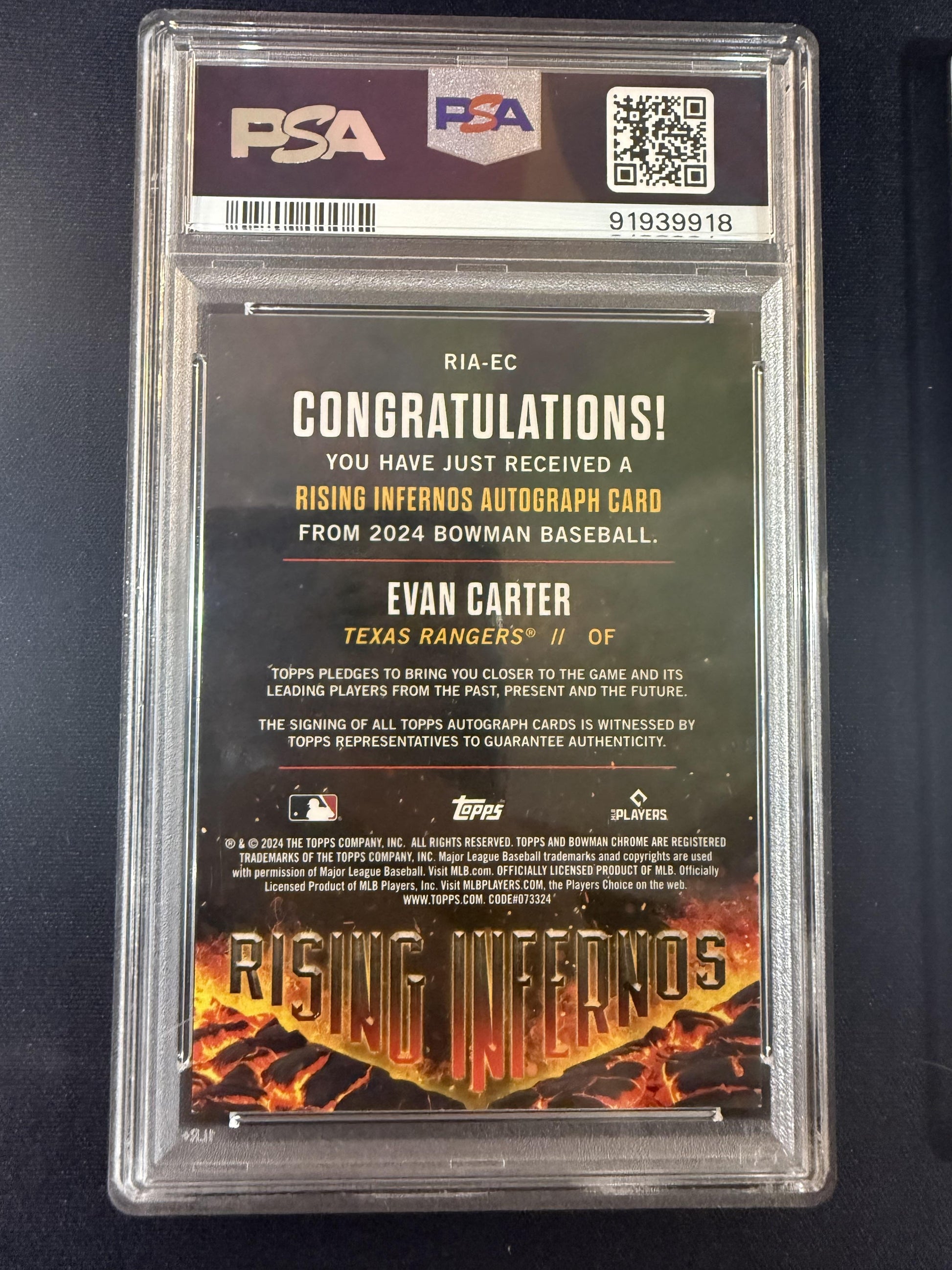 #RIA-EC Evan Carter 2024 Bowman Auto /99 Rangers Rising Infernos Auto