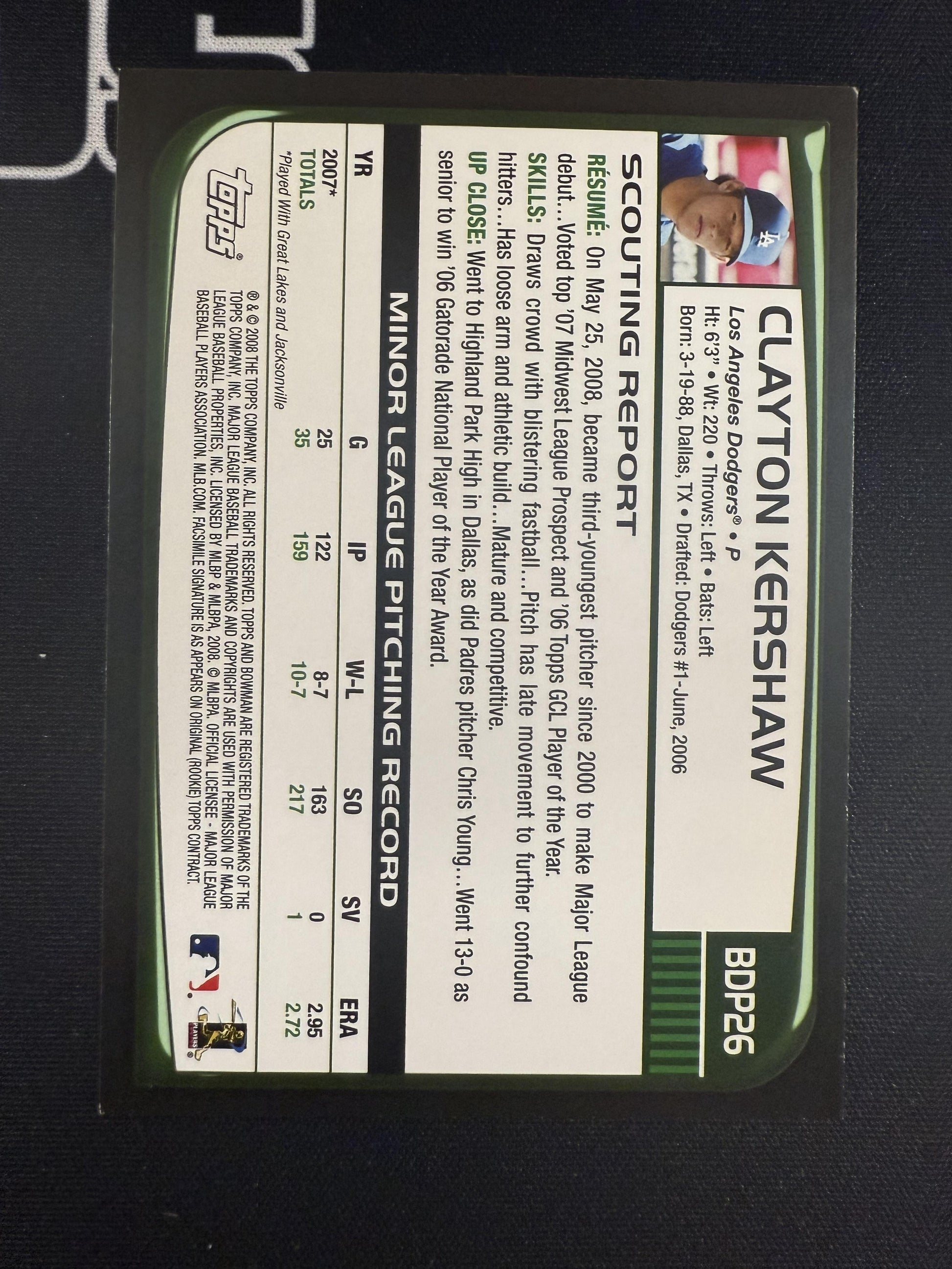 #BDP26 Clayton Kershaw 2008 Bowman Draft Picks & Prospects RC Rookie Dodgers
