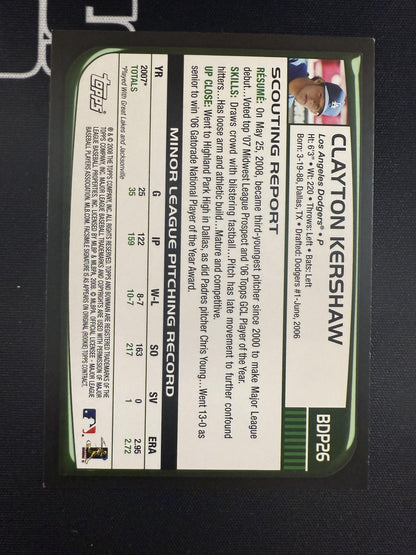 #BDP26 Clayton Kershaw 2008 Bowman Draft Picks & Prospects RC Rookie Dodgers