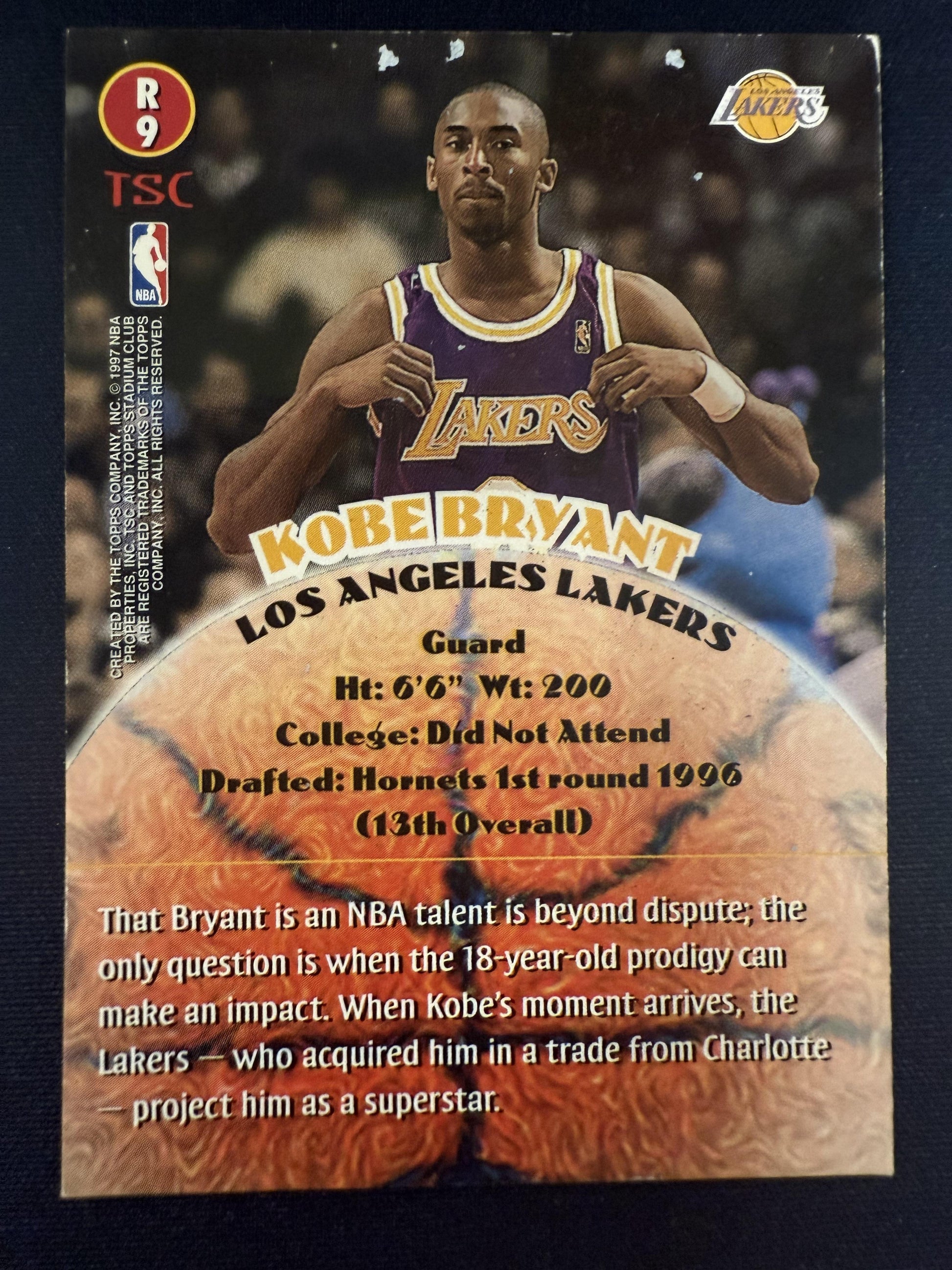 #R9 Kobe Bryant 1996-97 Stadium Club Los Angeles Lakers sports Rookies