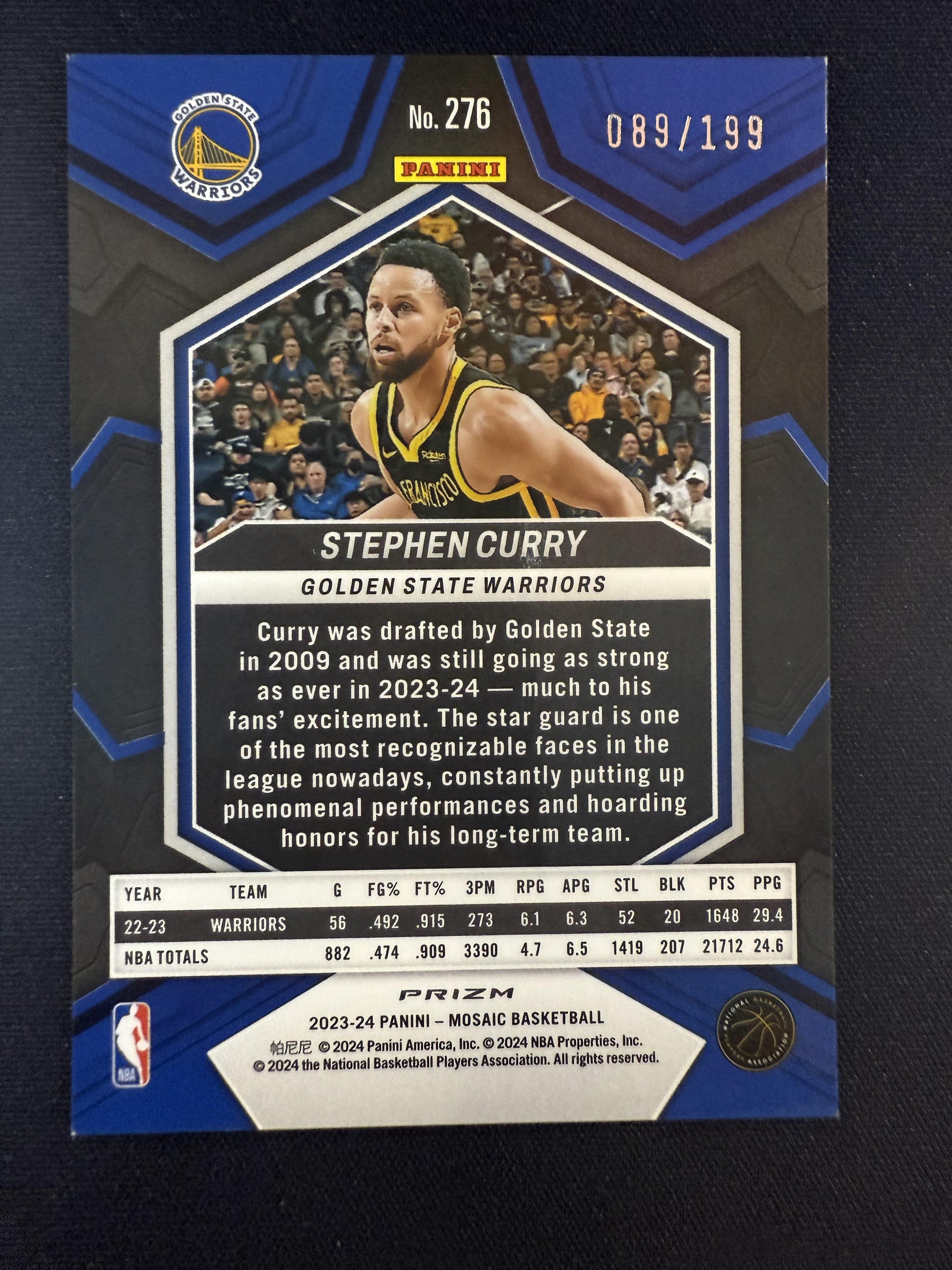 #276 Stephen Curry 2023-24 Panini Mosaic SN #/199 Golden State Warriors Blue