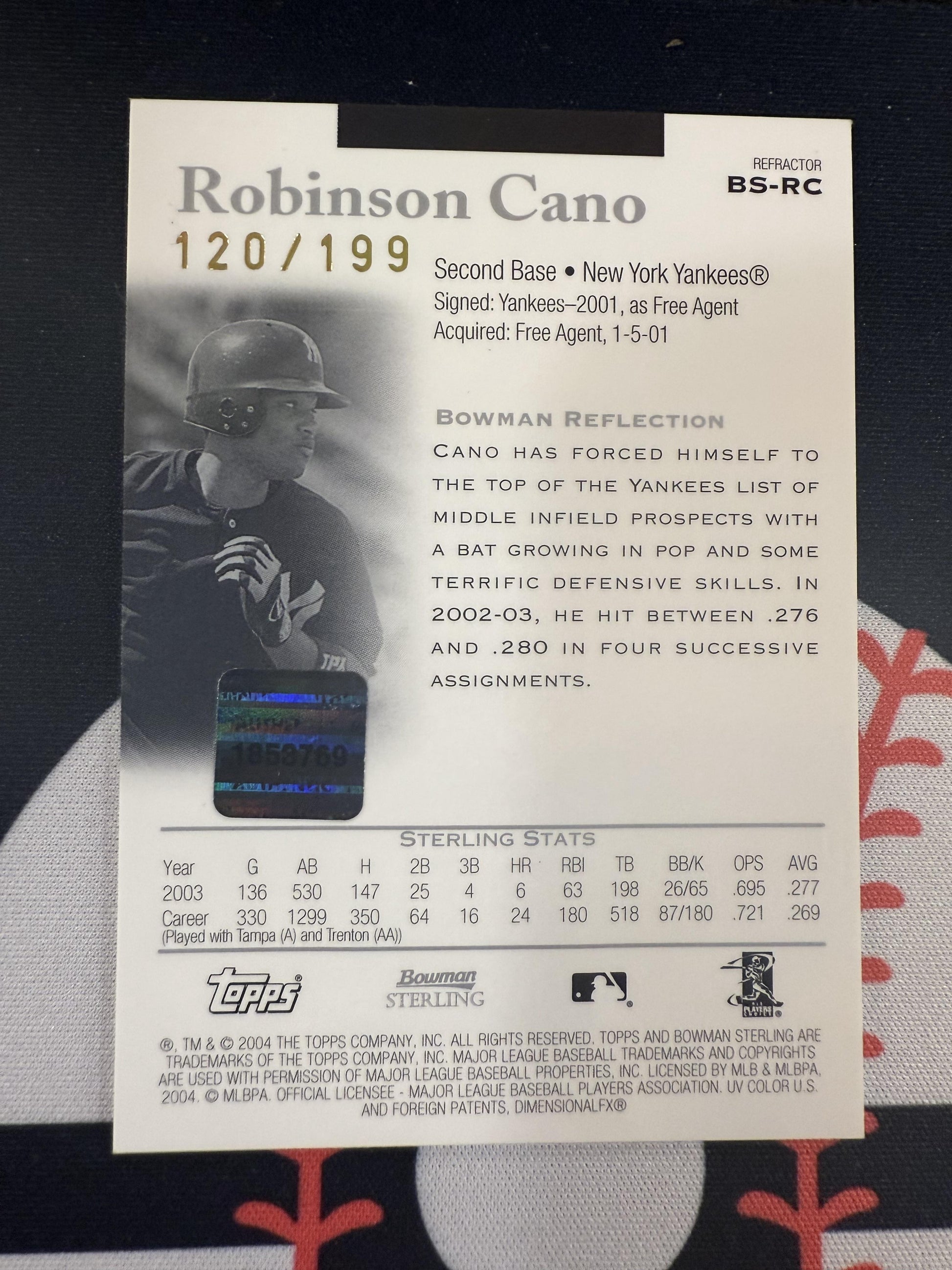 #BS-RC Robinson Cano 2004 Bowman Sterling SN,MEM,AU Auto #/199 Yankees Refractor