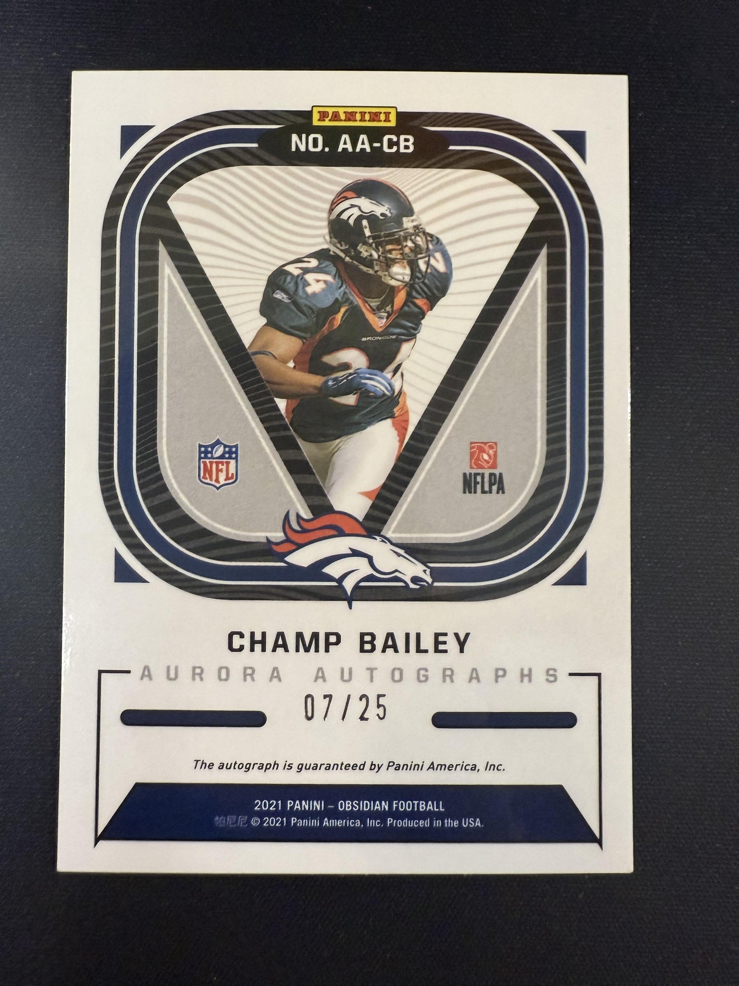 #AA-CB Champ Bailey 2021 Panini Obsidian AU,SN Auto #/25 Broncos Aurora Autos