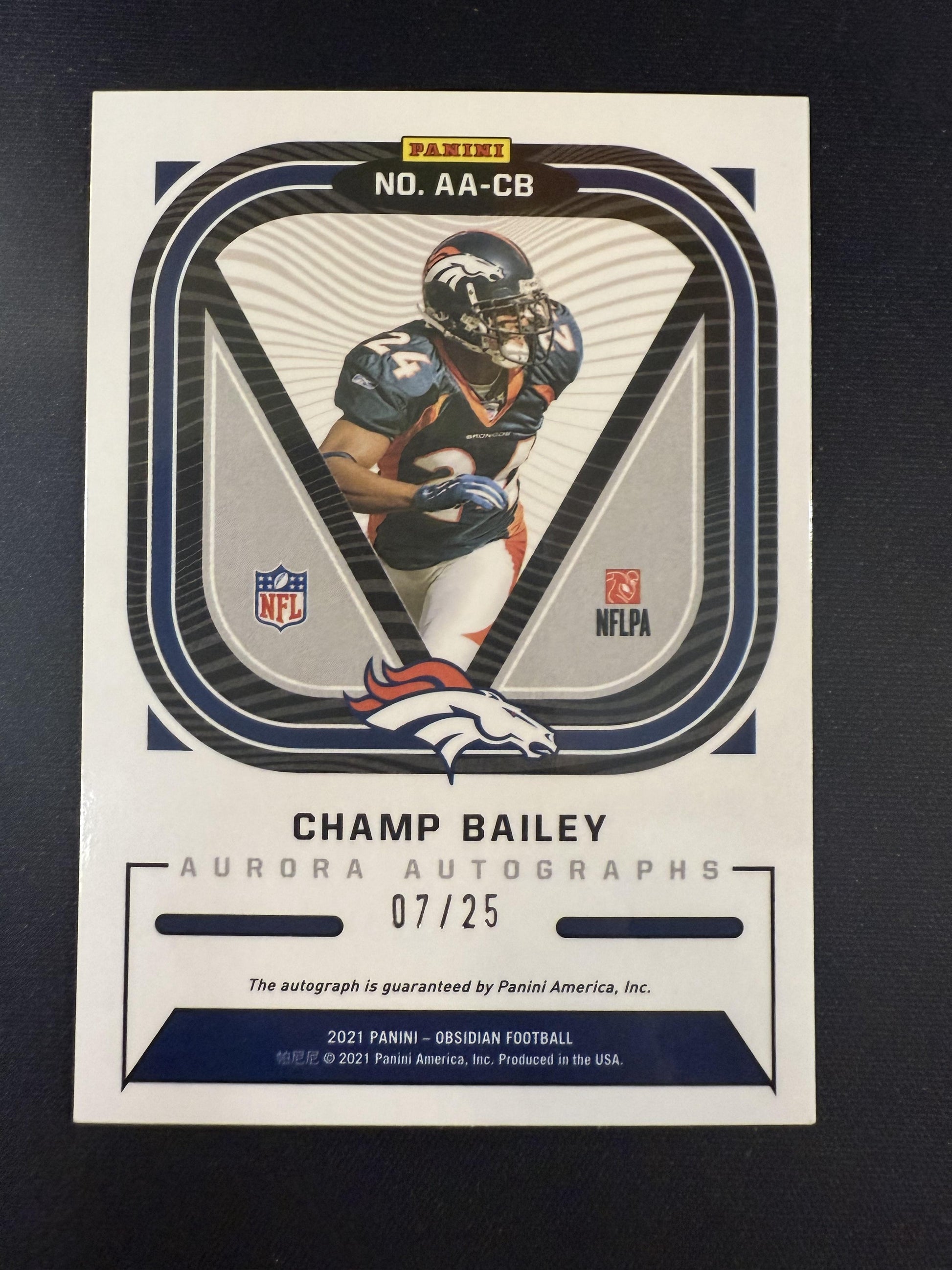 #AA-CB Champ Bailey 2021 Panini Obsidian AU,SN Auto #/25 Broncos Aurora Autos