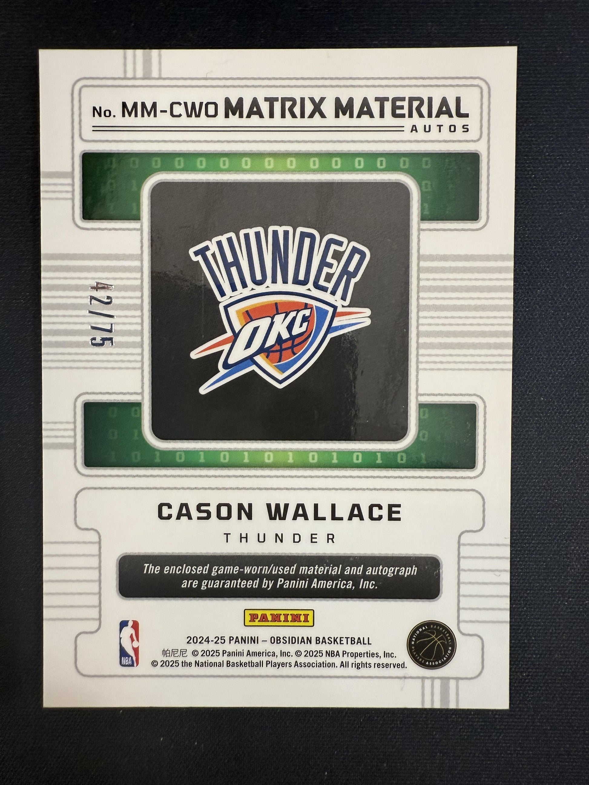 #MM-CWO Cason Wallace 2024 Panini Obsidian /75 Matrix Material Auto Orange