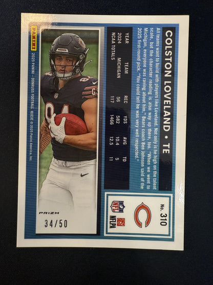 #310 Colston Loveland 2025 Donruss SN,RC Rookie #/50 Chicago Bears Optic Purple