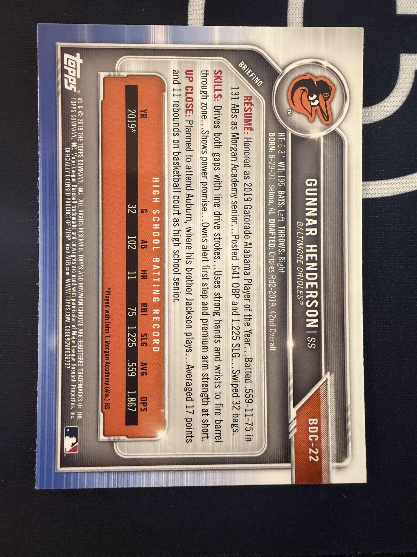 #BDC-22 Gunnar Henderson 2019 Bowman Draft Sapphire Edition Baltimore Orioles