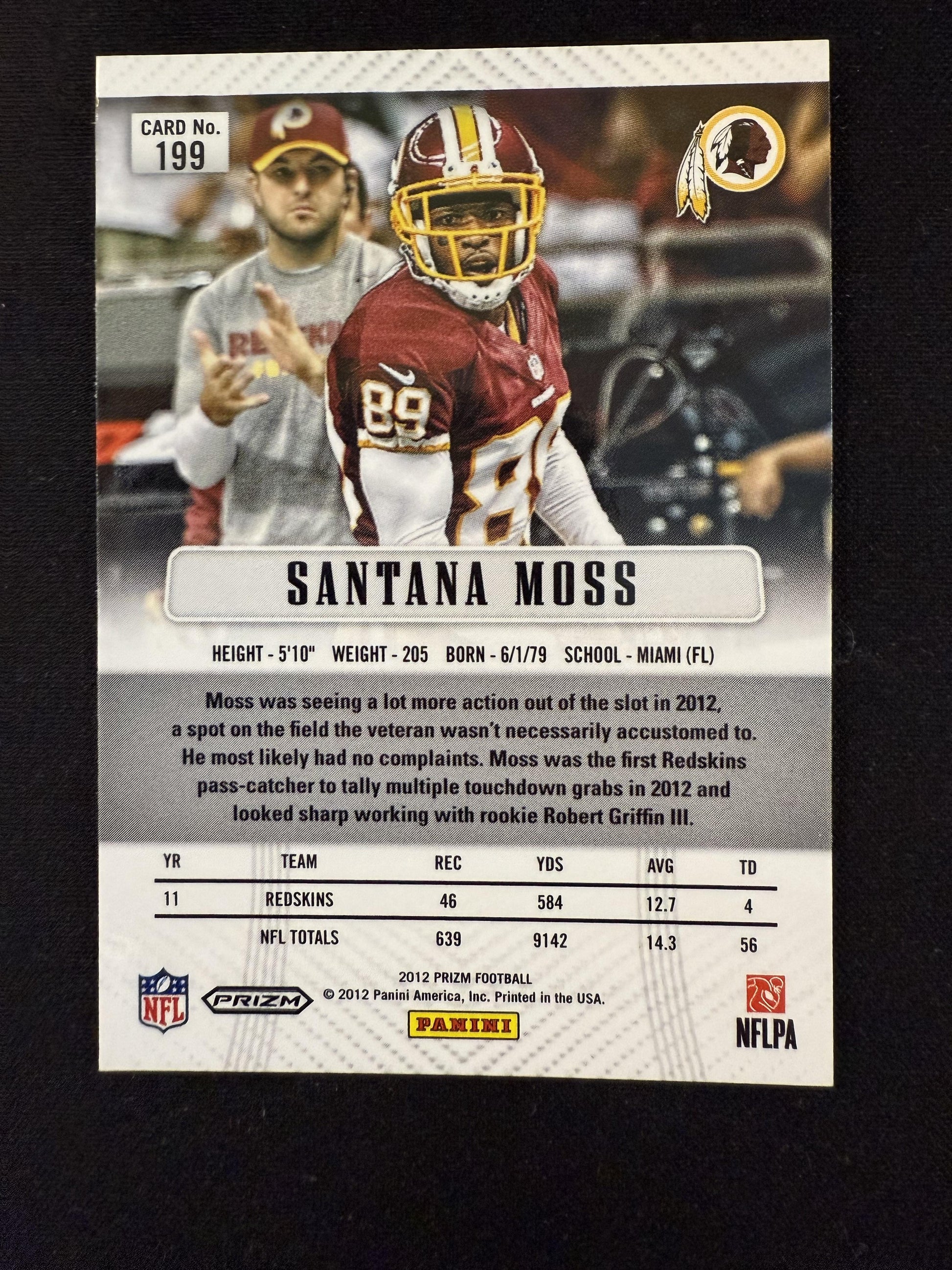 #199 Santana Moss 2012 Panini Prizm Washington Redskins sports Prizms