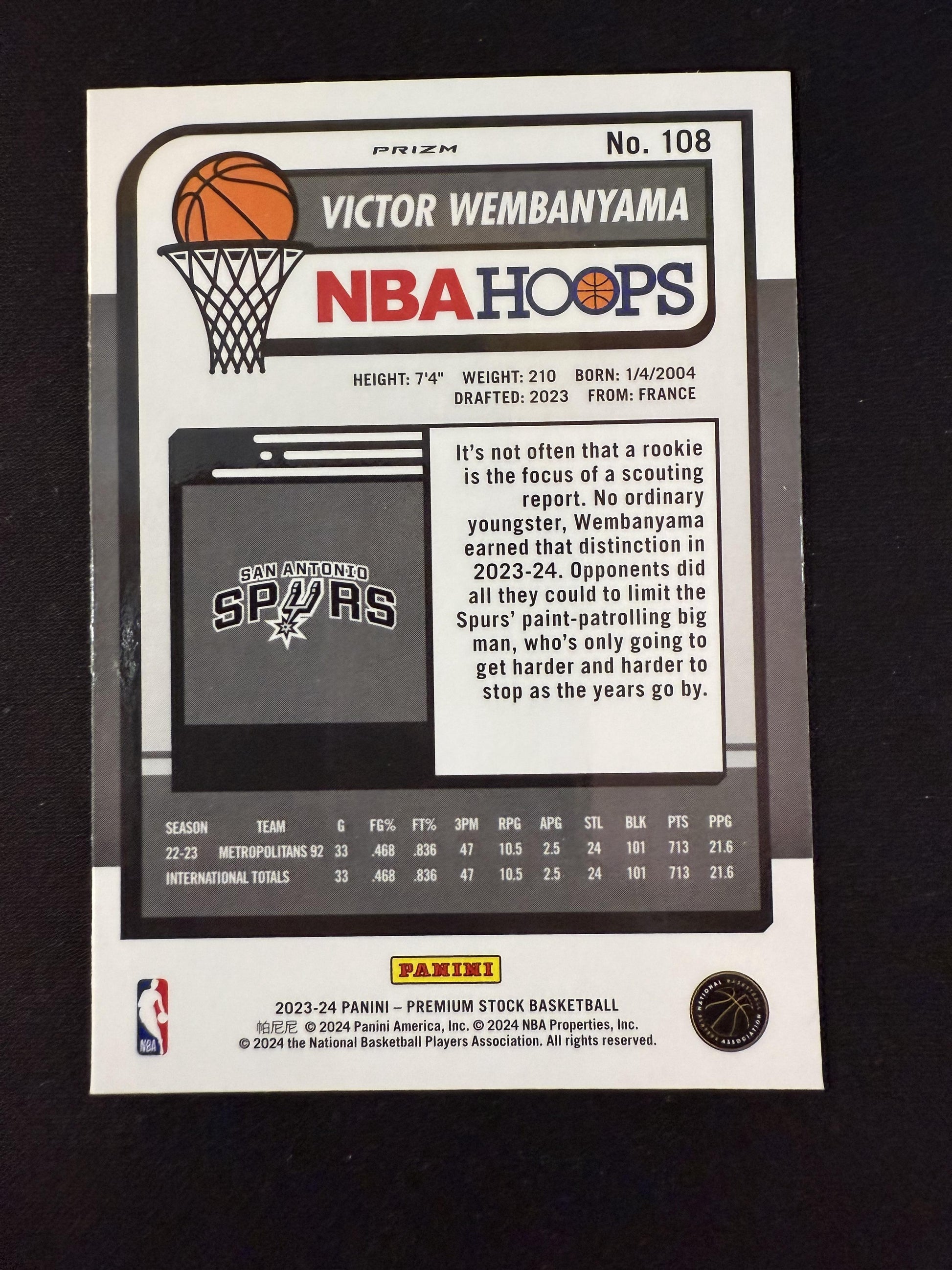#108 Victor Wembanyama 2023-24 Hoops Premium Stock RC Rookie Spurs Ice Prizm