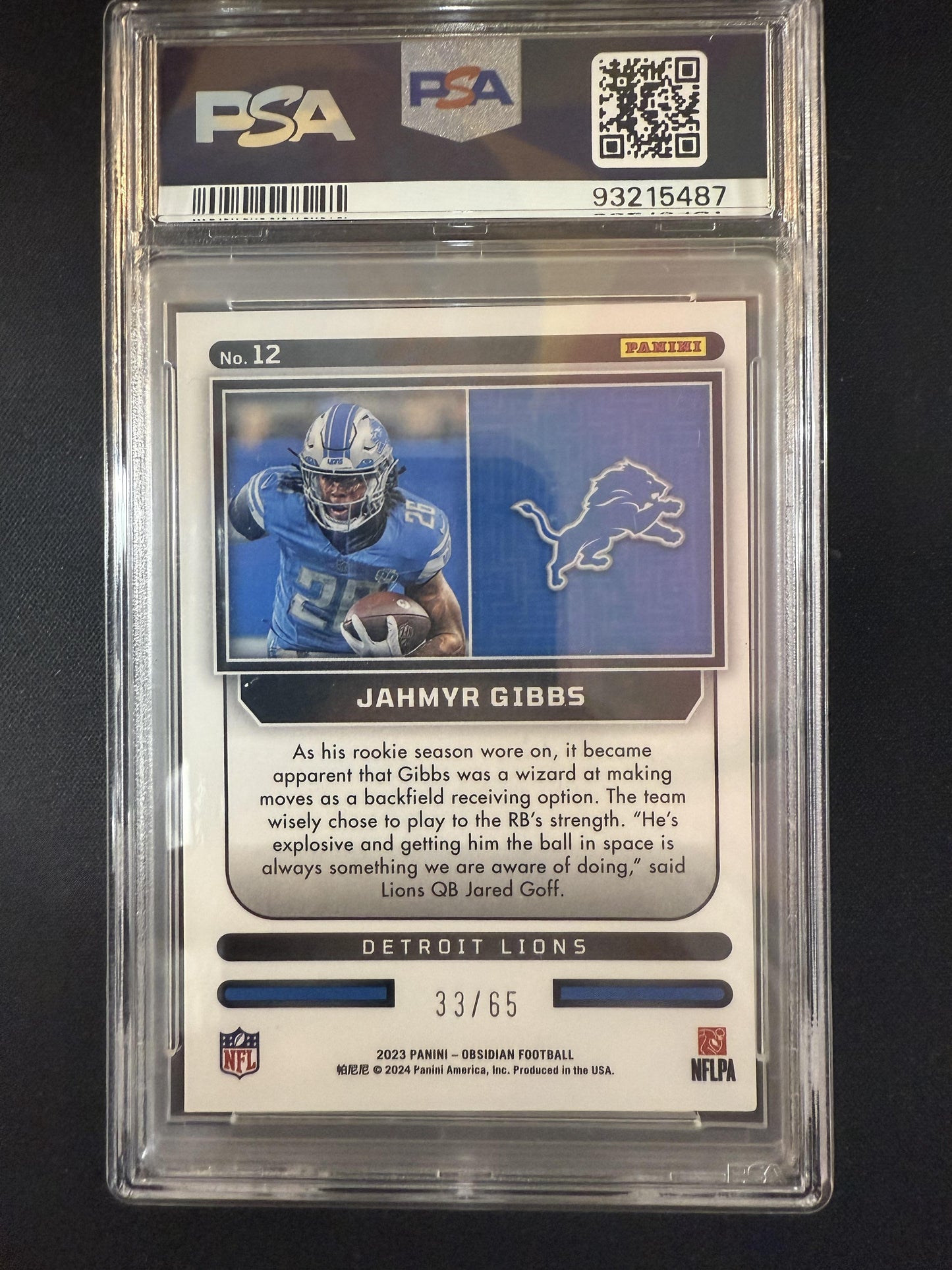 #12 Jahmyr Gibbs 2023 Panini Obsidian SN #/65 Detroit Lions Supernova Orange