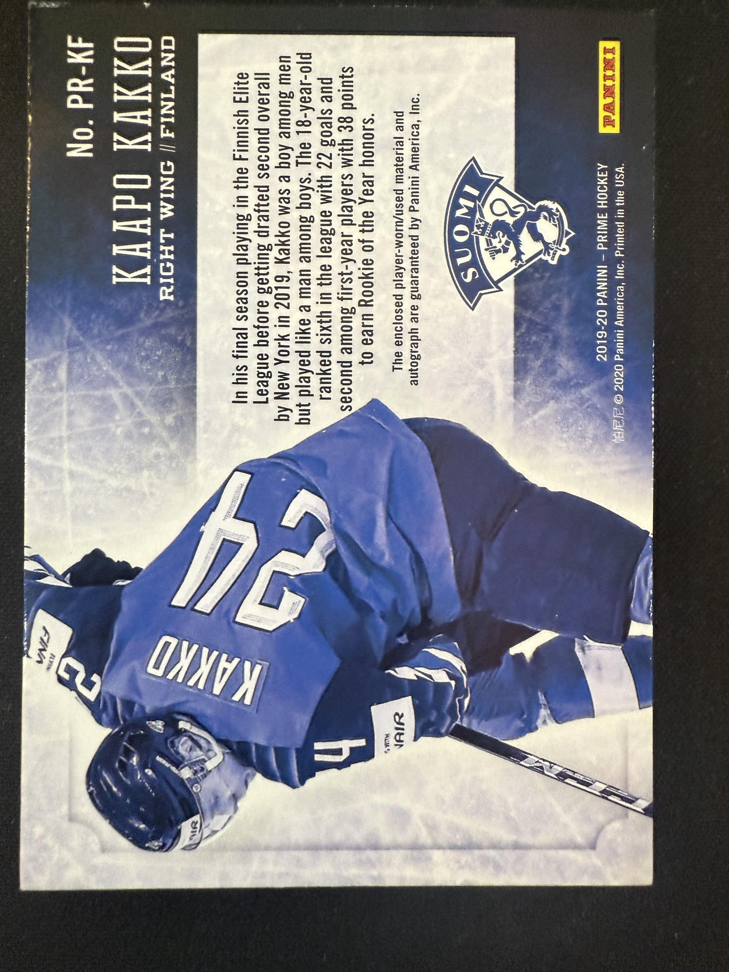 #PR-KF Kaapo Kakko 2019-20 Panini Prime - Quad Memorabilia Auto #/99