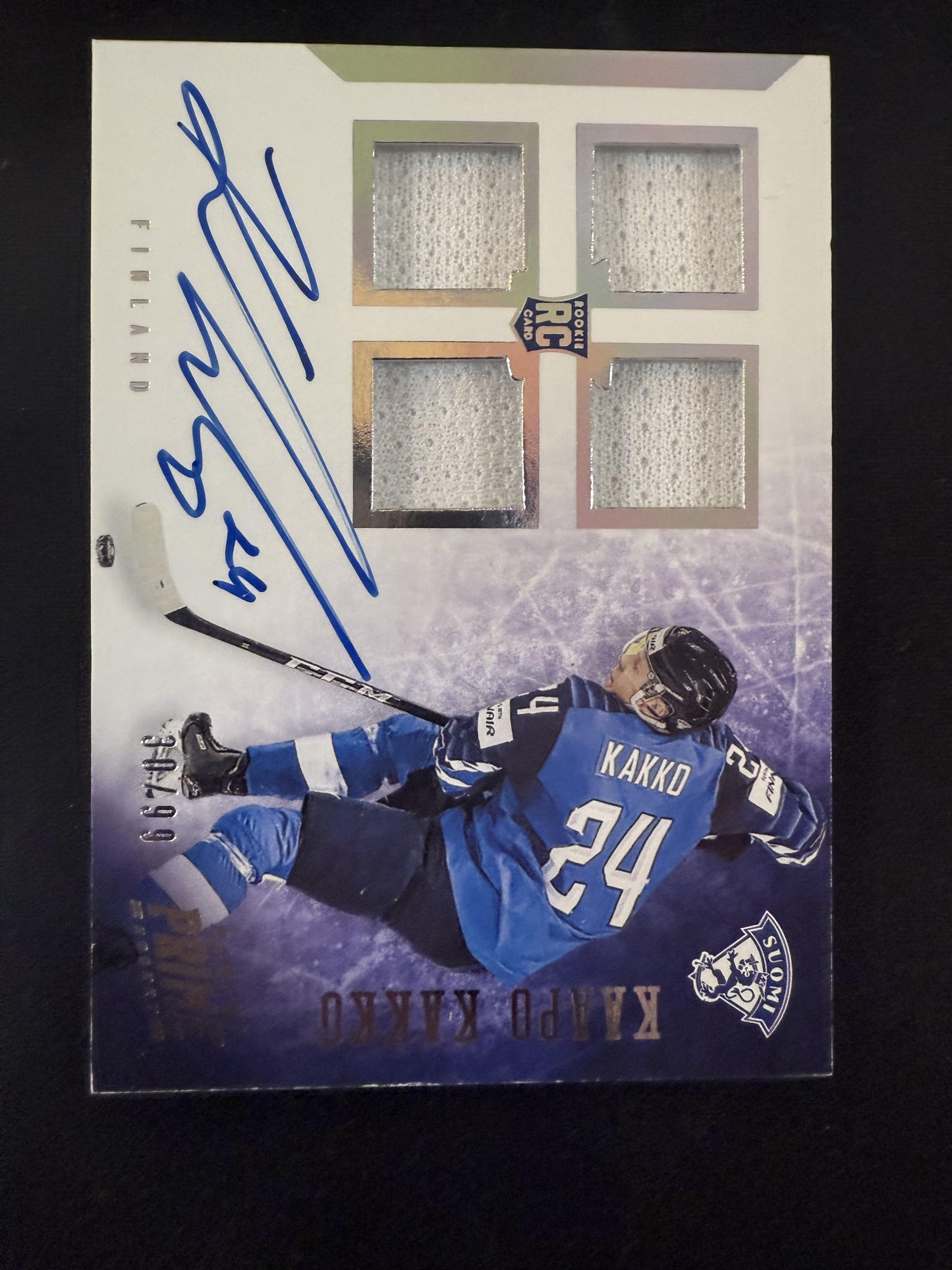 #PR-KF Kaapo Kakko 2019-20 Panini Prime - Quad Memorabilia Auto #/99