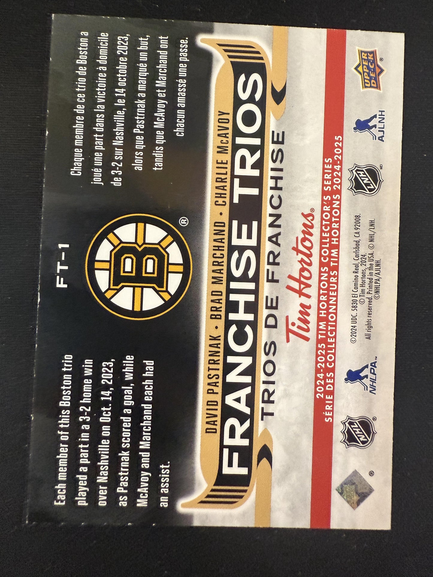#FT-1 Pastrnak/Marchand/McAvoy 2024 Upper Deck Tim Hortons Franchise Trios