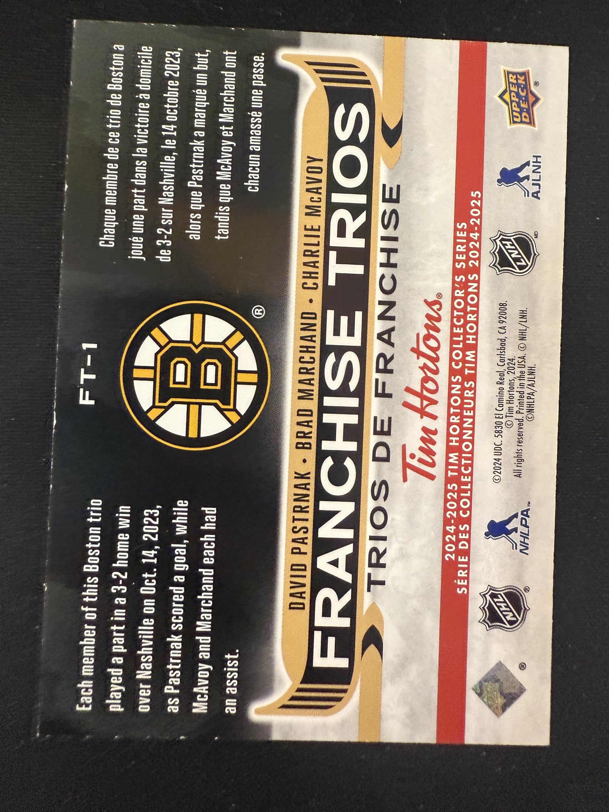 #FT-1 Pastrnak/Marchand/McAvoy 2024 Upper Deck Tim Hortons Franchise Trios