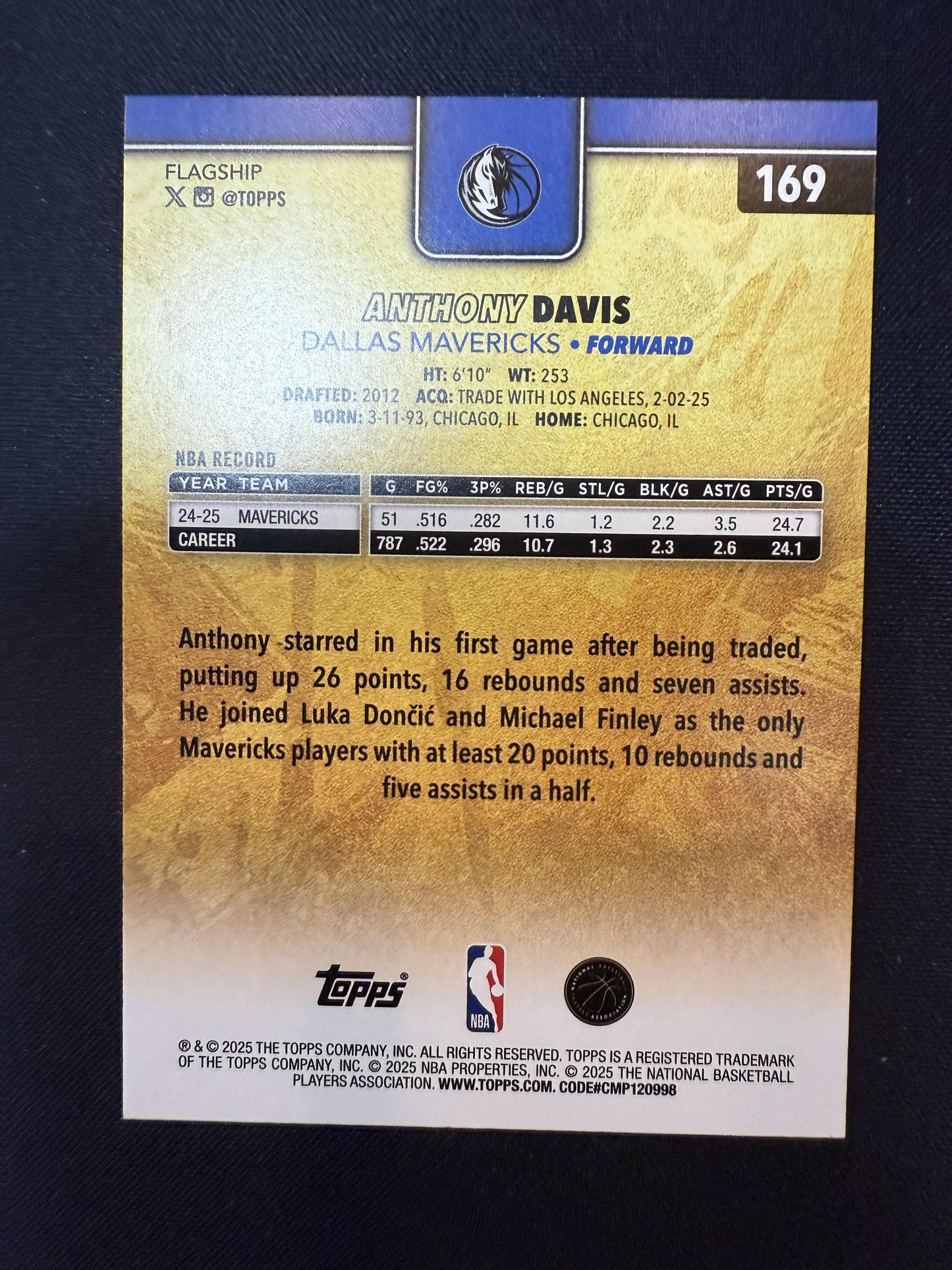 #169 Anthony Davis 2025-26 Topps Dallas Mavericks sports Golden Mirror