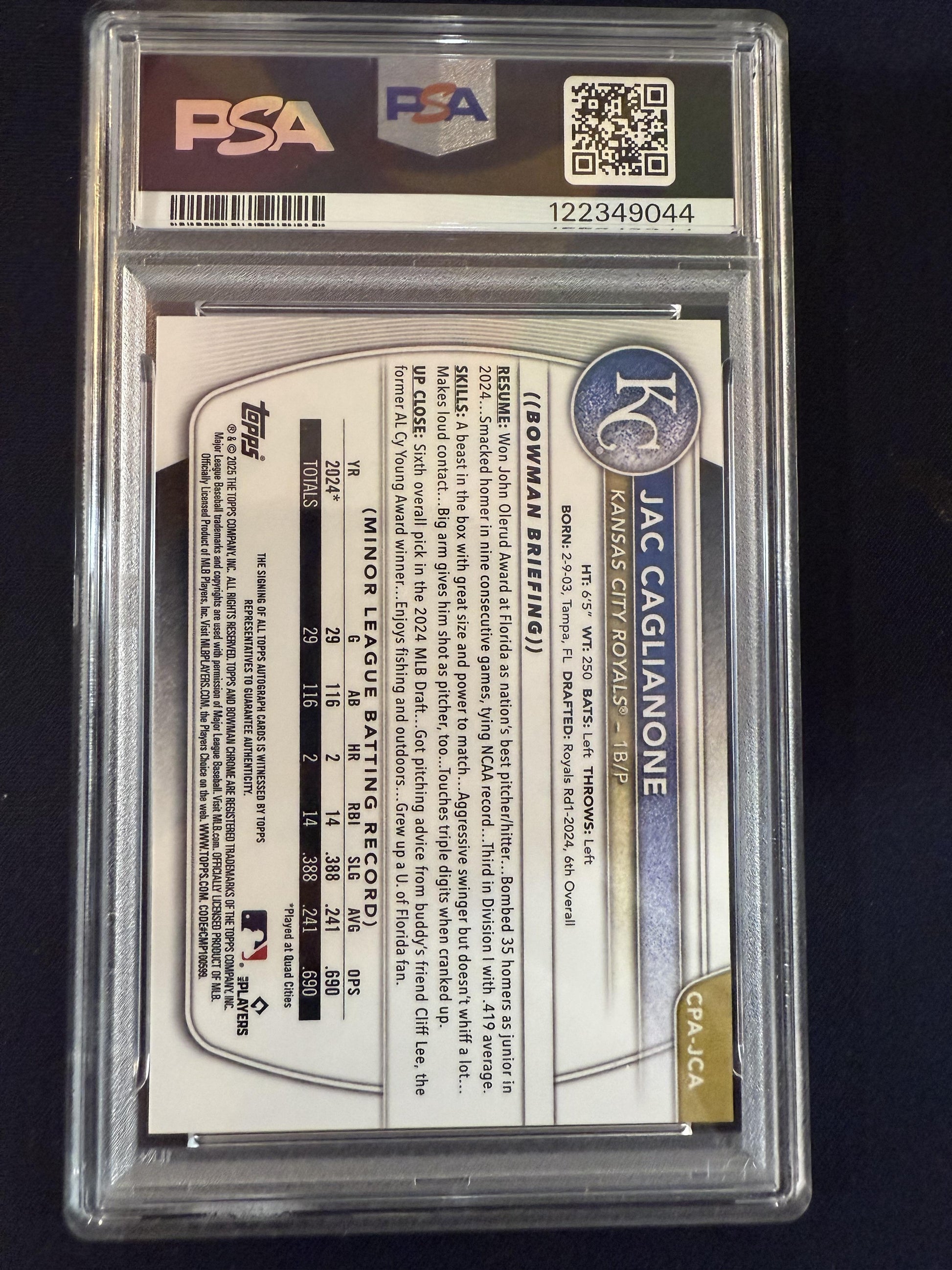 #CPA-JCA Jac Caglianone 2025 Bowman Chrome /250 Prospects Auto Purple Refractor