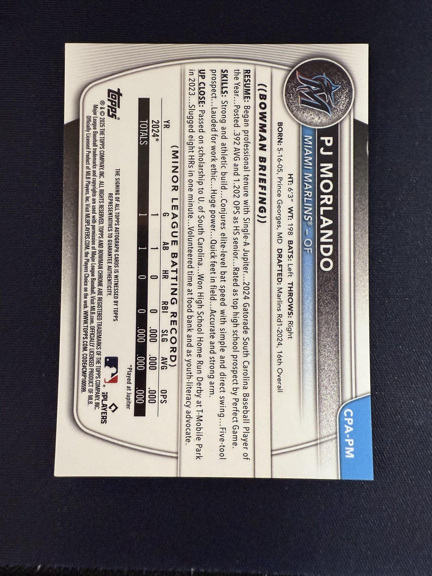 #CPA-PM PJ Morlando 2025 Bowman Chrome /299 Prospects Auto Speckle Refractor