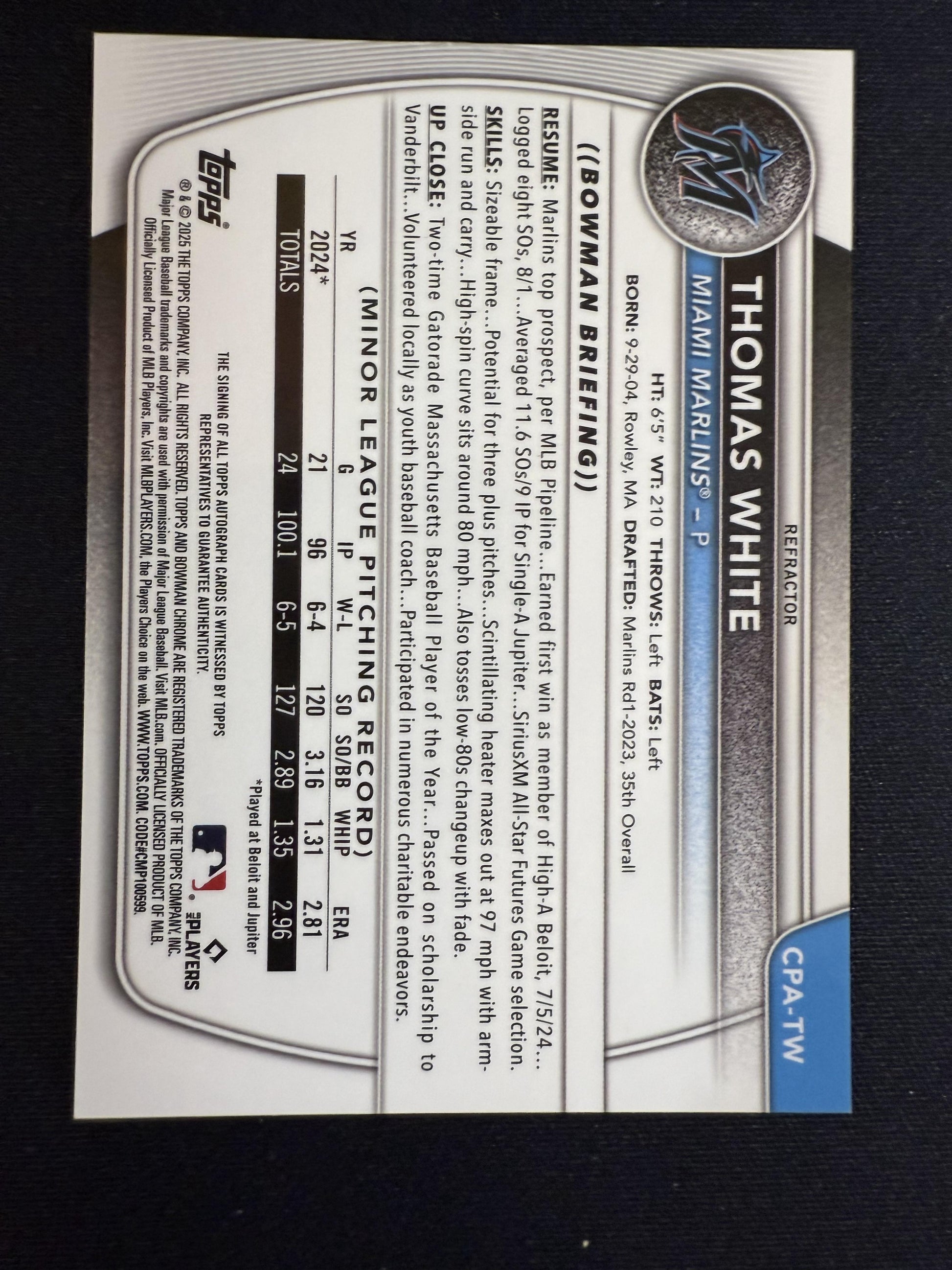 #CPA-TW Thomas White 2025 Bowman /499 Chrome Prospects Auto Refractor