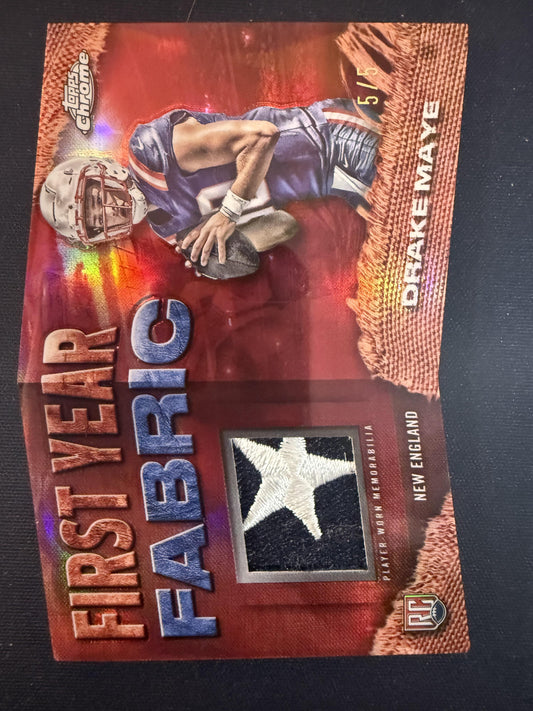 #FYF-DM Drake Maye 2024 Topps Chrome /5 Patriots First Year Fabric Relics Red