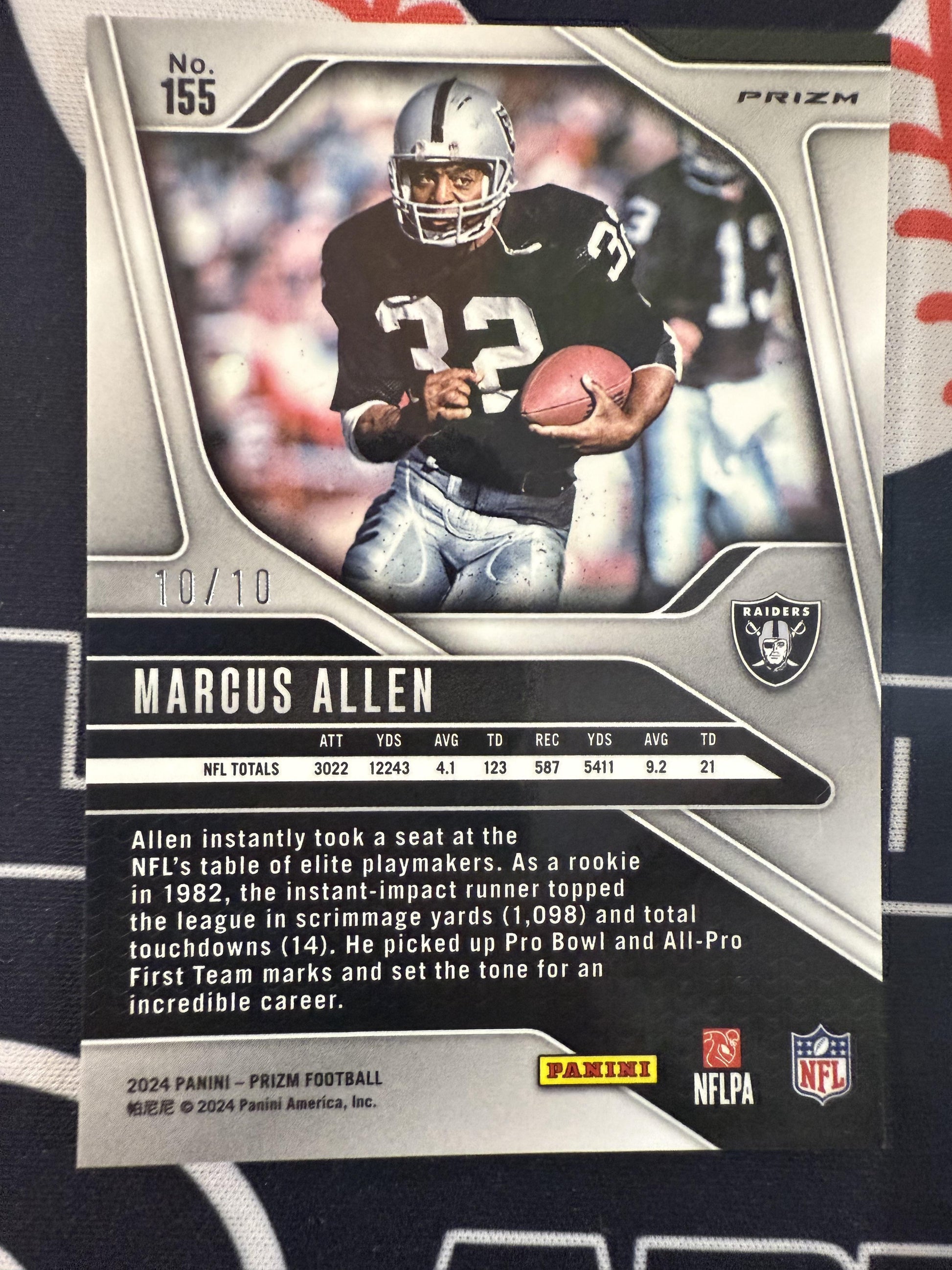 #155 Marcus Allen 2024 Panini Prizm SN #/10 Raiders Gold Shimmer