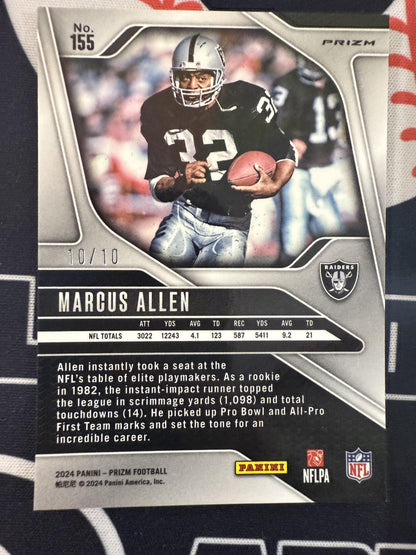 #155 Marcus Allen 2024 Panini Prizm SN #/10 Raiders Gold Shimmer