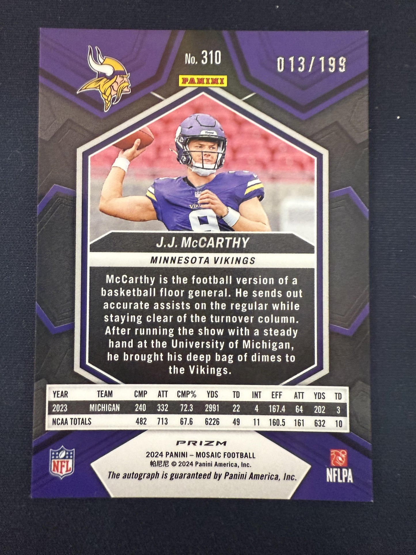 #310 J.J. McCarthy 2024 Panini Mosaic SN,AU Auto #/199 Vikings Rookie Mosaic Red