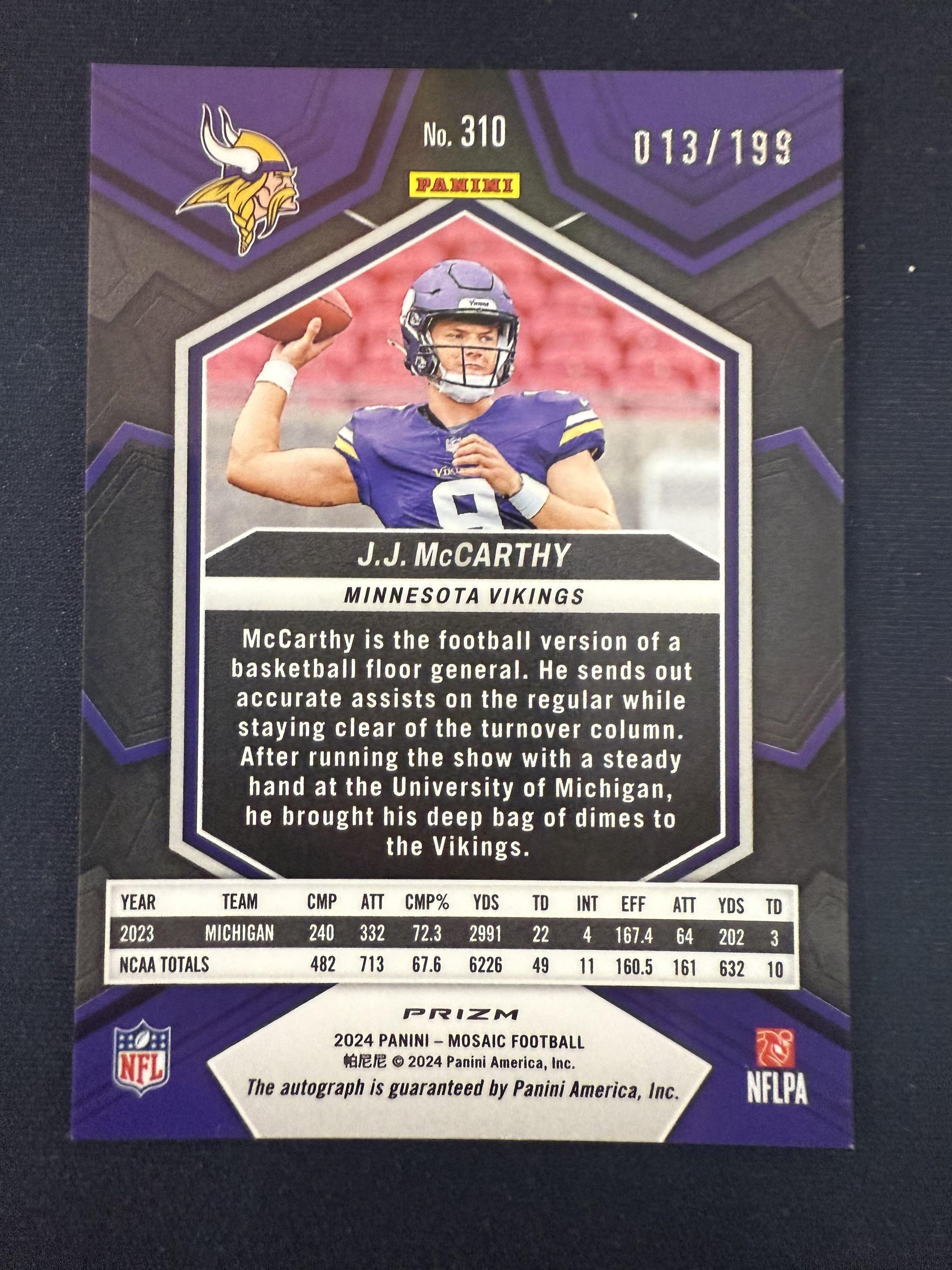 #310 J.J. McCarthy 2024 Panini Mosaic SN,AU Auto #/199 Vikings Rookie Mosaic Red