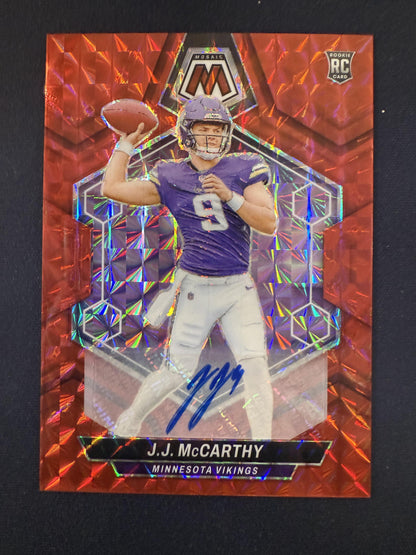 #310 J.J. McCarthy 2024 Panini Mosaic SN,AU Auto #/199 Vikings Rookie Mosaic Red