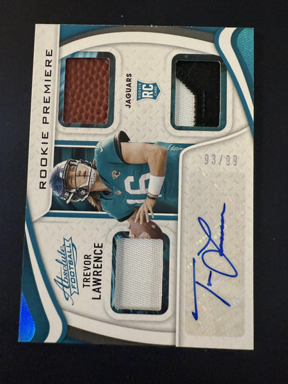 #201 Trevor Lawrence 2021 Panini Absolute /99 Rookie Premiere Materials Auto